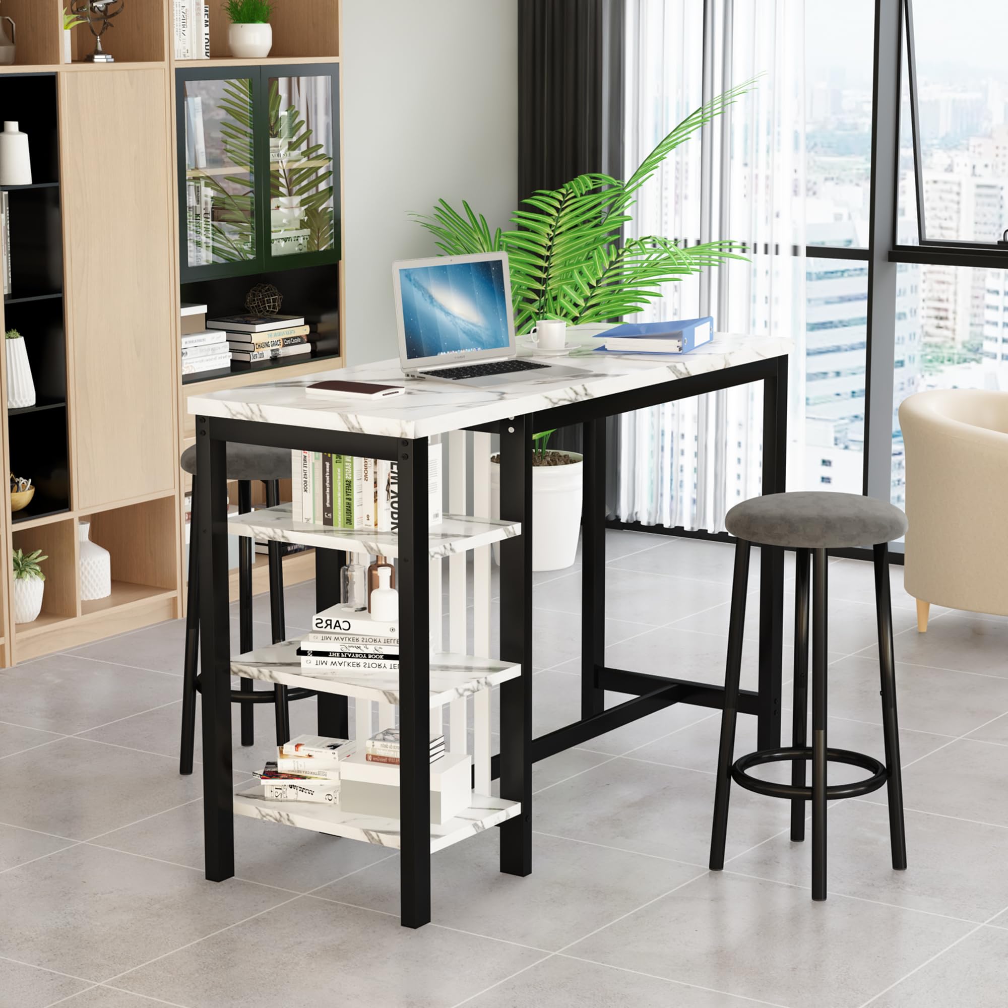 Bar Table Set with Storage Shelves, 47" Modern White Faux Marble Breakfast Table