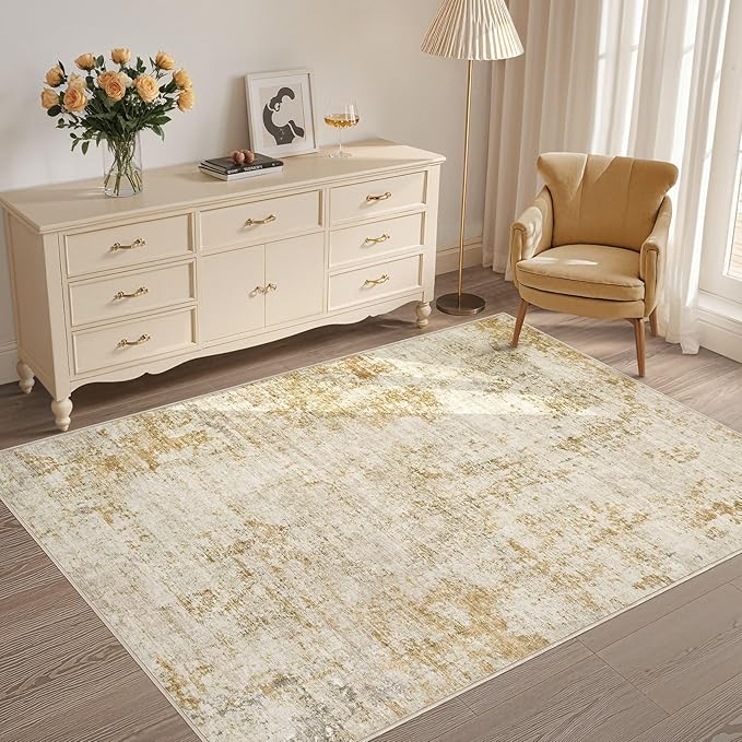 9x12 Area Rug Living Room Rugs - Washable Neutral Modern Abstract Soft Thin Large Rug
