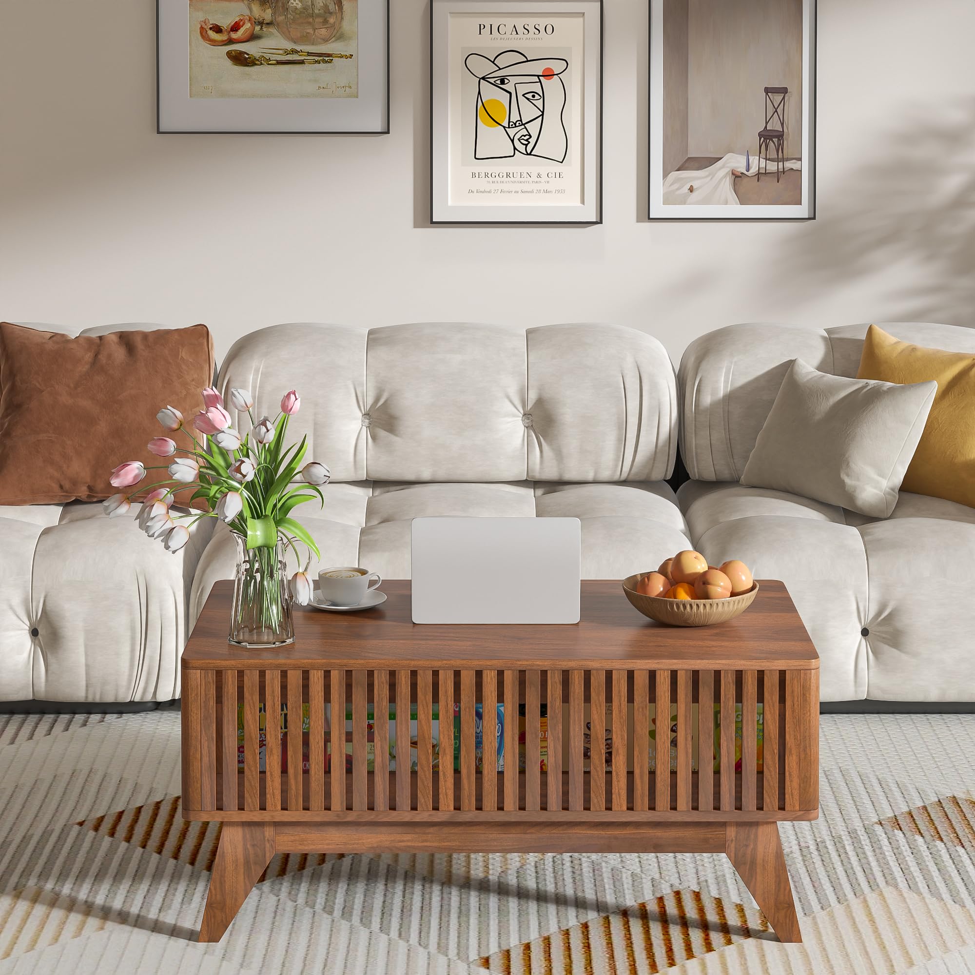 Lift Top Coffee Table with Hidden Compartment, Mid Century Modern Coffee Table