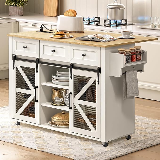 Kitchen Island with Storage, Kitchen Cart with Charging Station