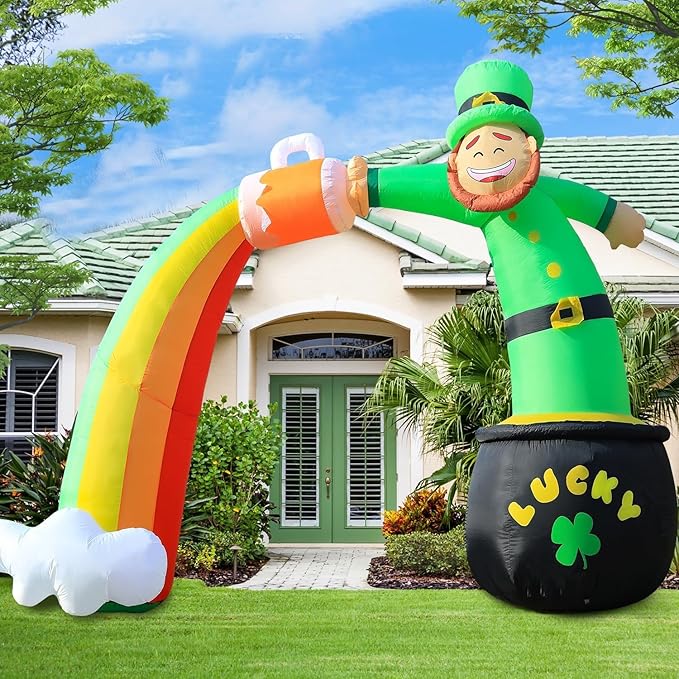 St. Patricks Day Inflatable Decorations 7FT Lying Leprechaun Rainbow Arch