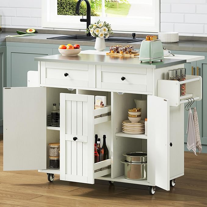Kitchen Island on Wheels, Mobile Kitchen Island Cart with Folding Drop Leaf Breakfast Bar
