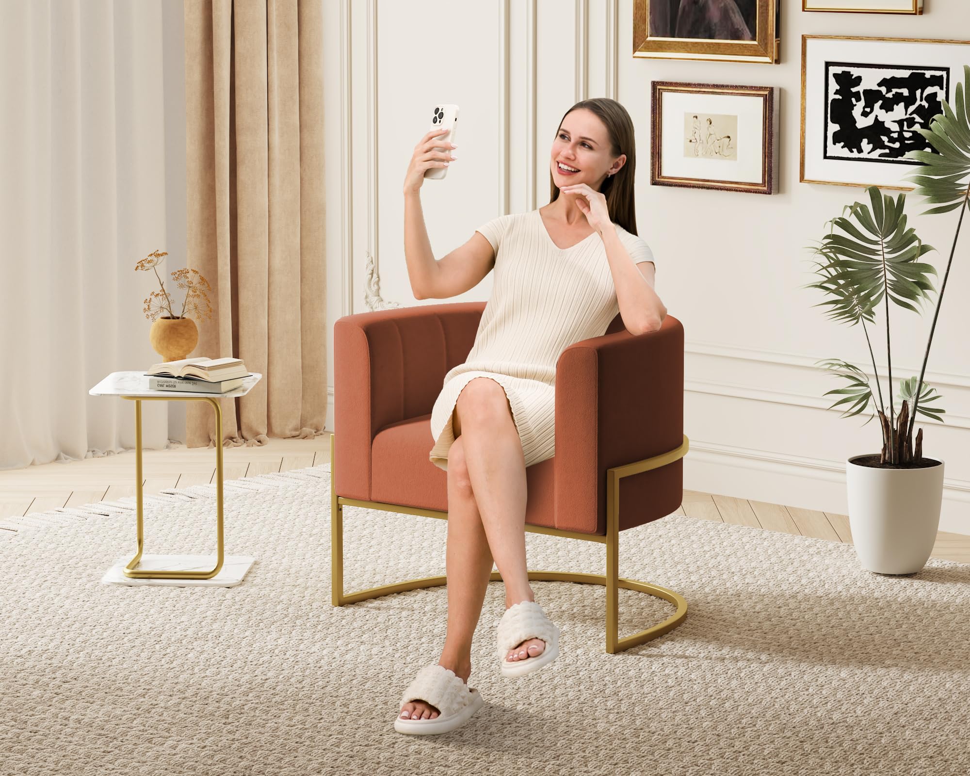 Velvet Accent Chair Burnt Orange Modern Comfy Upholstered Barrel Chair Padded Seat