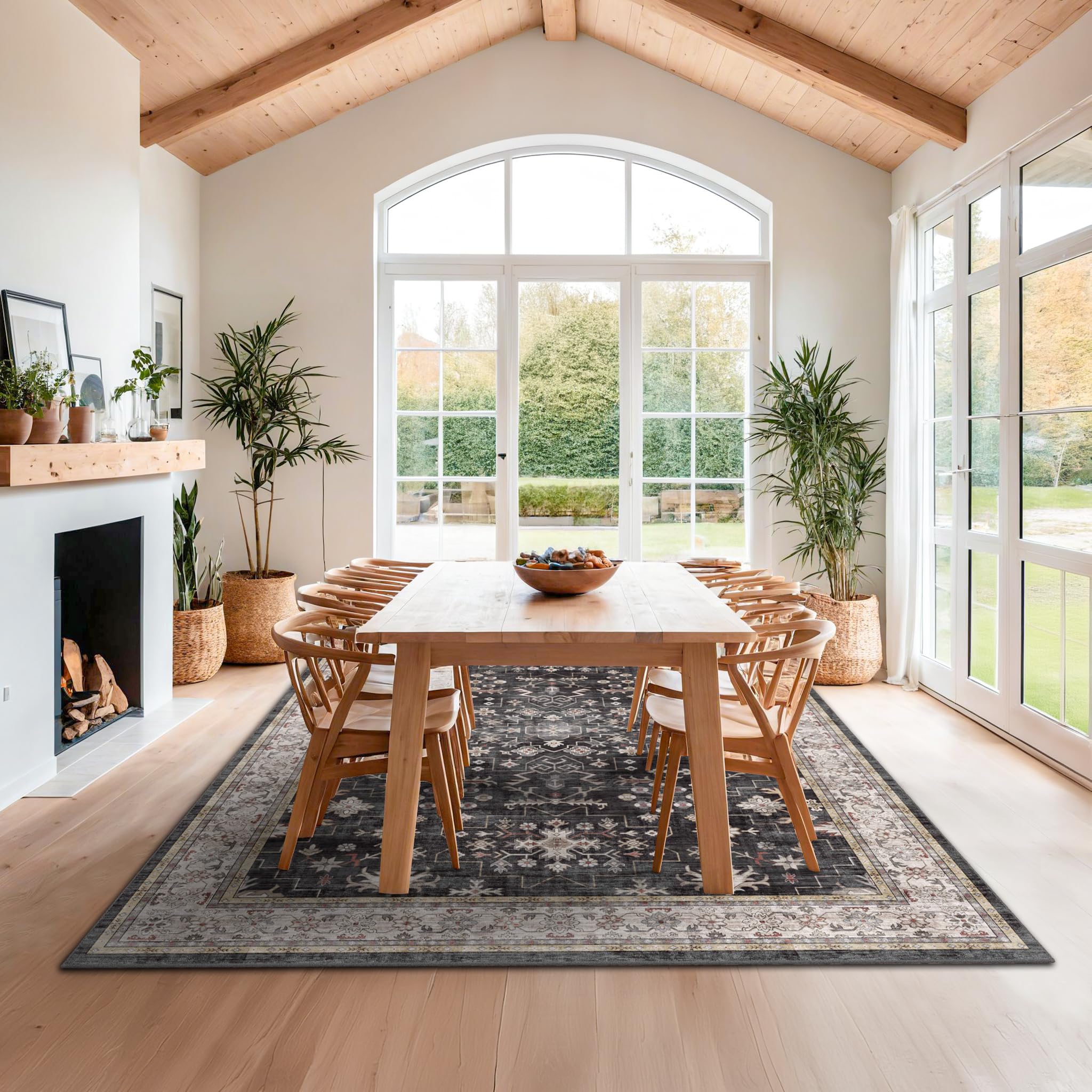 Black Farmhouse Washable 8x10 Area Rugs for Living Room, Bedroom, Dining Room