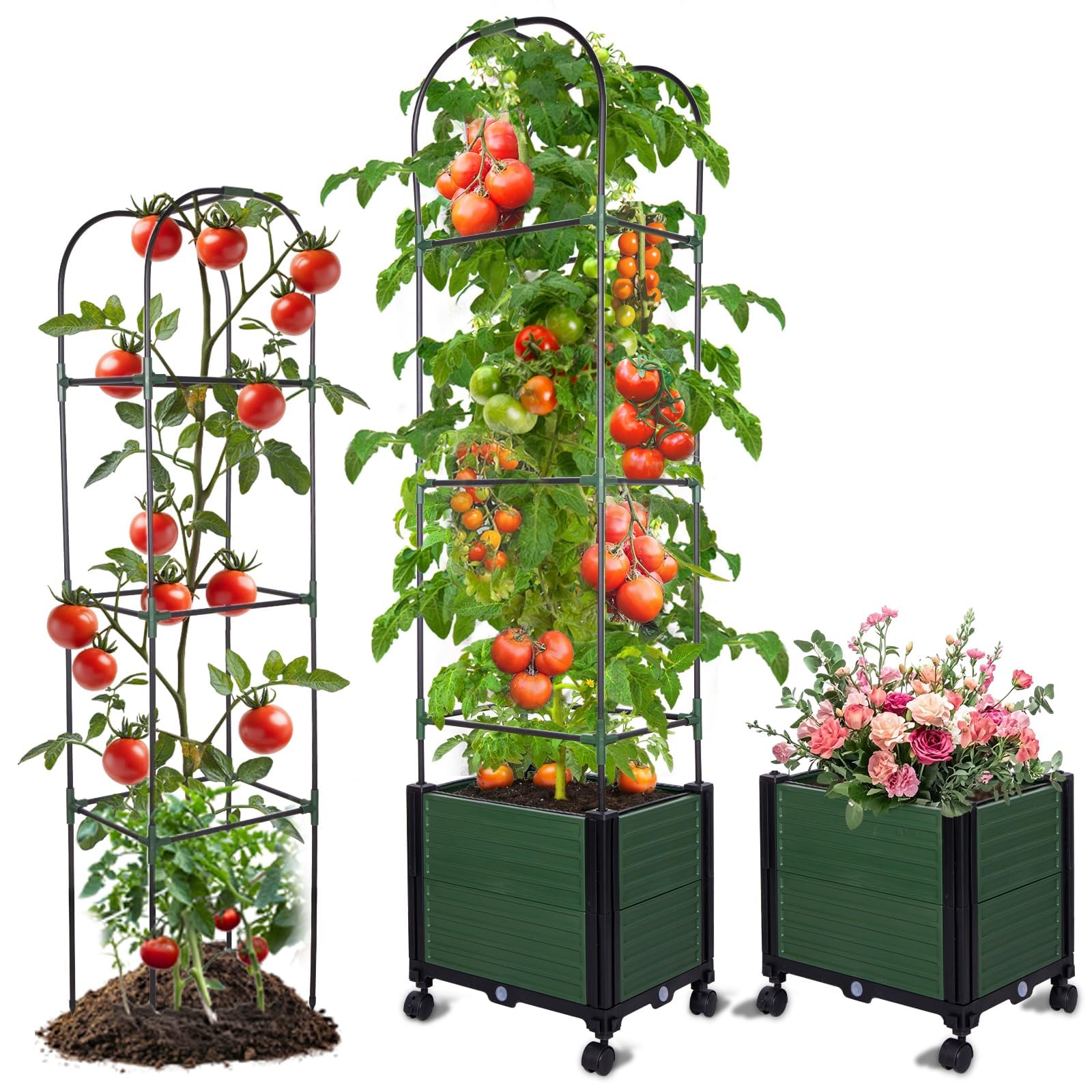 Raised Garden Bed with Tomato Planter Cage 63 inch Trellis Planter Boxes with Wheels