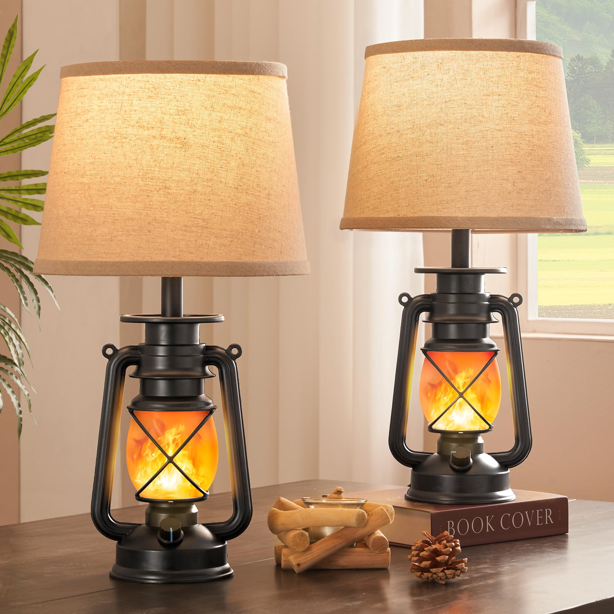 LED Lantern Flickering Flame Table Lamps for Bedrooms Set of 2, Small Farmhouse