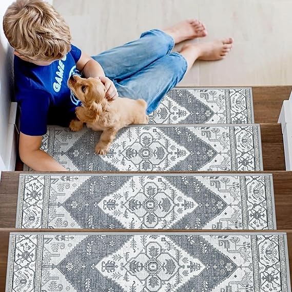 Lahome Stair Treads Non Slip 15 Pack 8" X 30" Stair Treads for Wooden Steps, Washable Self Adhesive Stair Runners Stain Resistant Stair Carpet, Edging Staircase for Kids Elders and Dogs (15pc, Taupe)