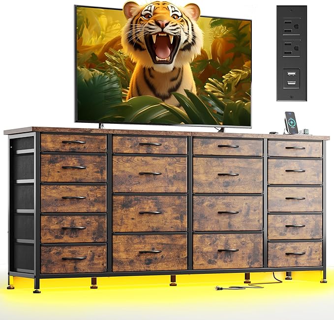 63" W 18 Drawers Dresser with LED Lights & Power Outlets Long Dresser for 65" TV Stand for Bedroom Large Fabric Dressers & Chests of Drawers for Bedroom, Sturdy Metal Frame (Charcoal Black)