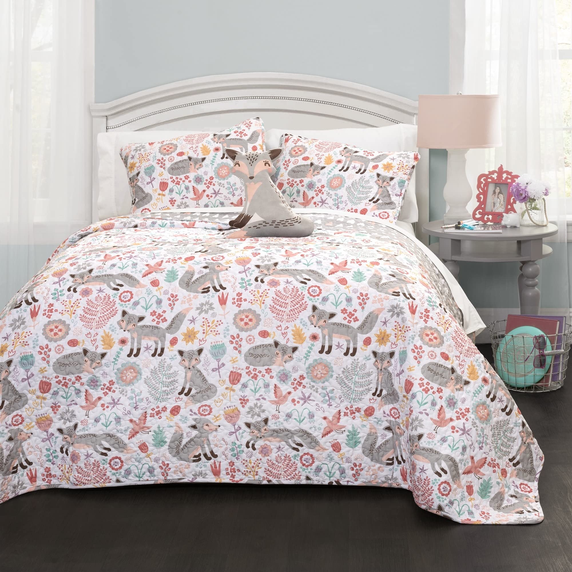 Pixie Fox Reversible Quilt Set, 4 Piece Set, Full/Queen, Navy & Pink - Fun