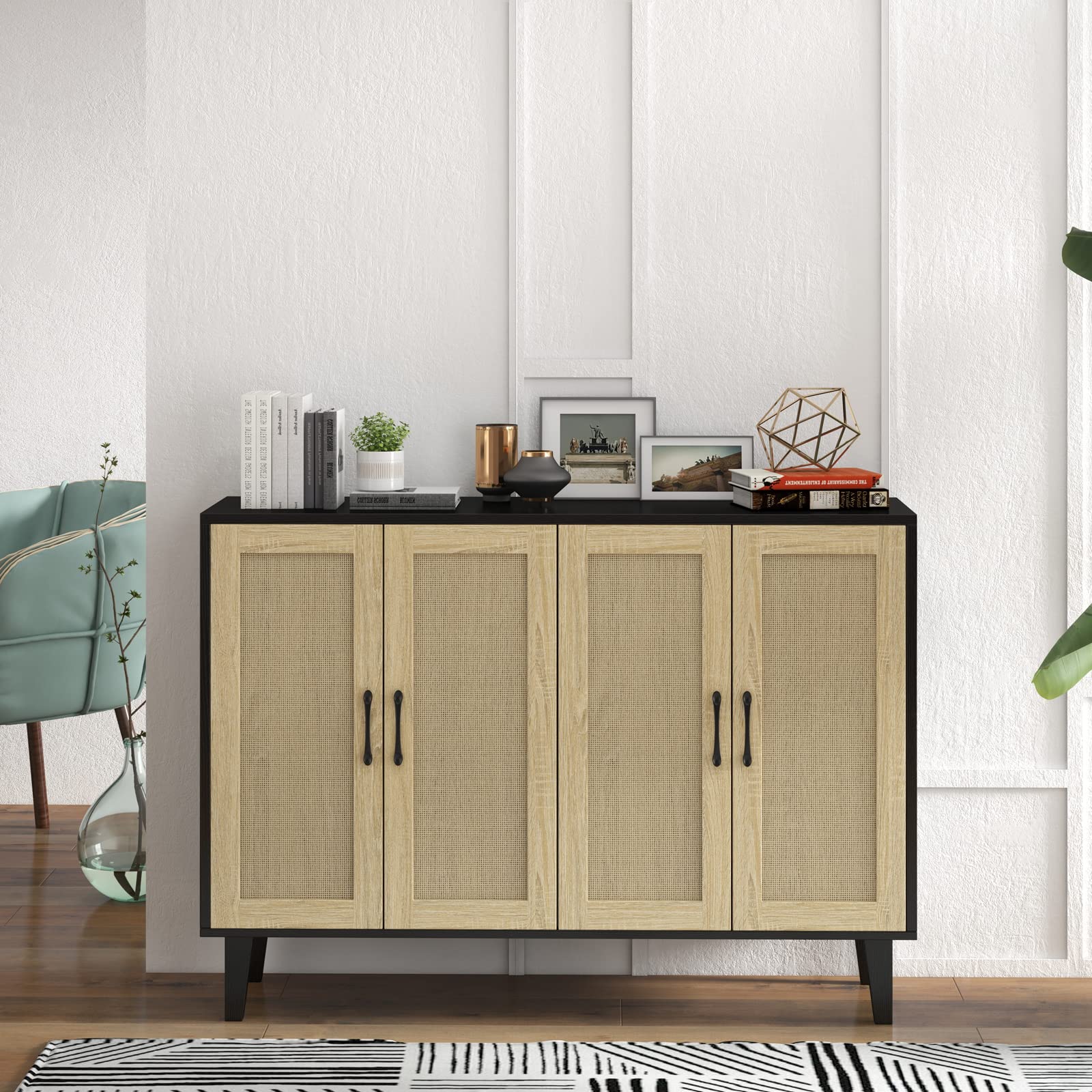 Buffet Storage Cabinet with Rattan Decorating 4 Doors Living Room Kitchen