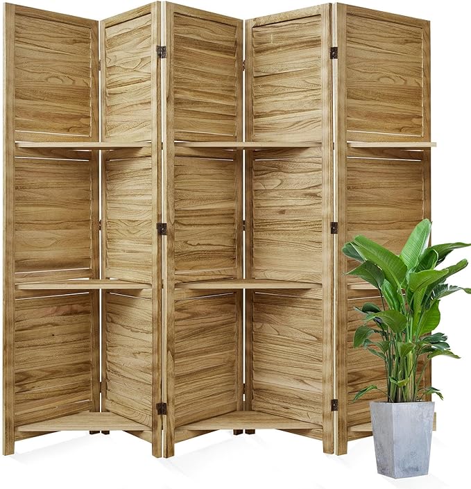 Room Divider with Shelves, 68.9inch Wood Carved and Louvered Wall Divider