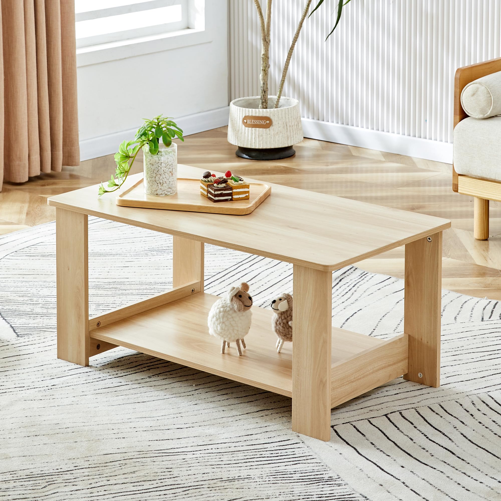6955609318947 2-Tier Storage Shelf Solid Legs Center Living Room Wooden Farmhouse