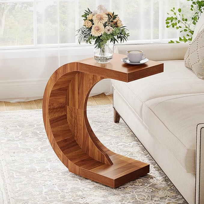 C-Shaped End Table Set of 2, Rustic Compact Side Table for Couch