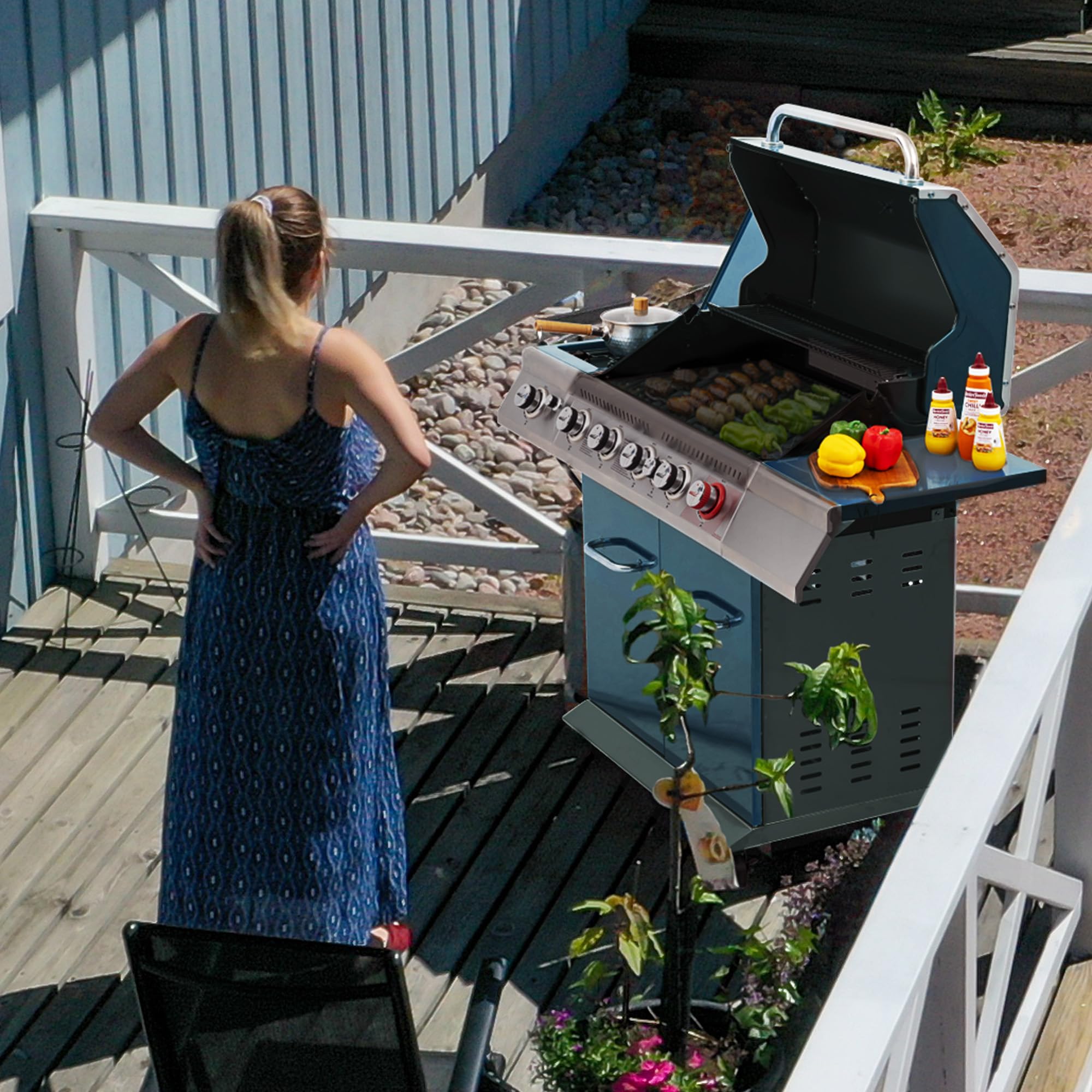 5 Burner Propane Gas Grill with Side Burner & Rear Burner, Cabinet Style Design BBQ Grill