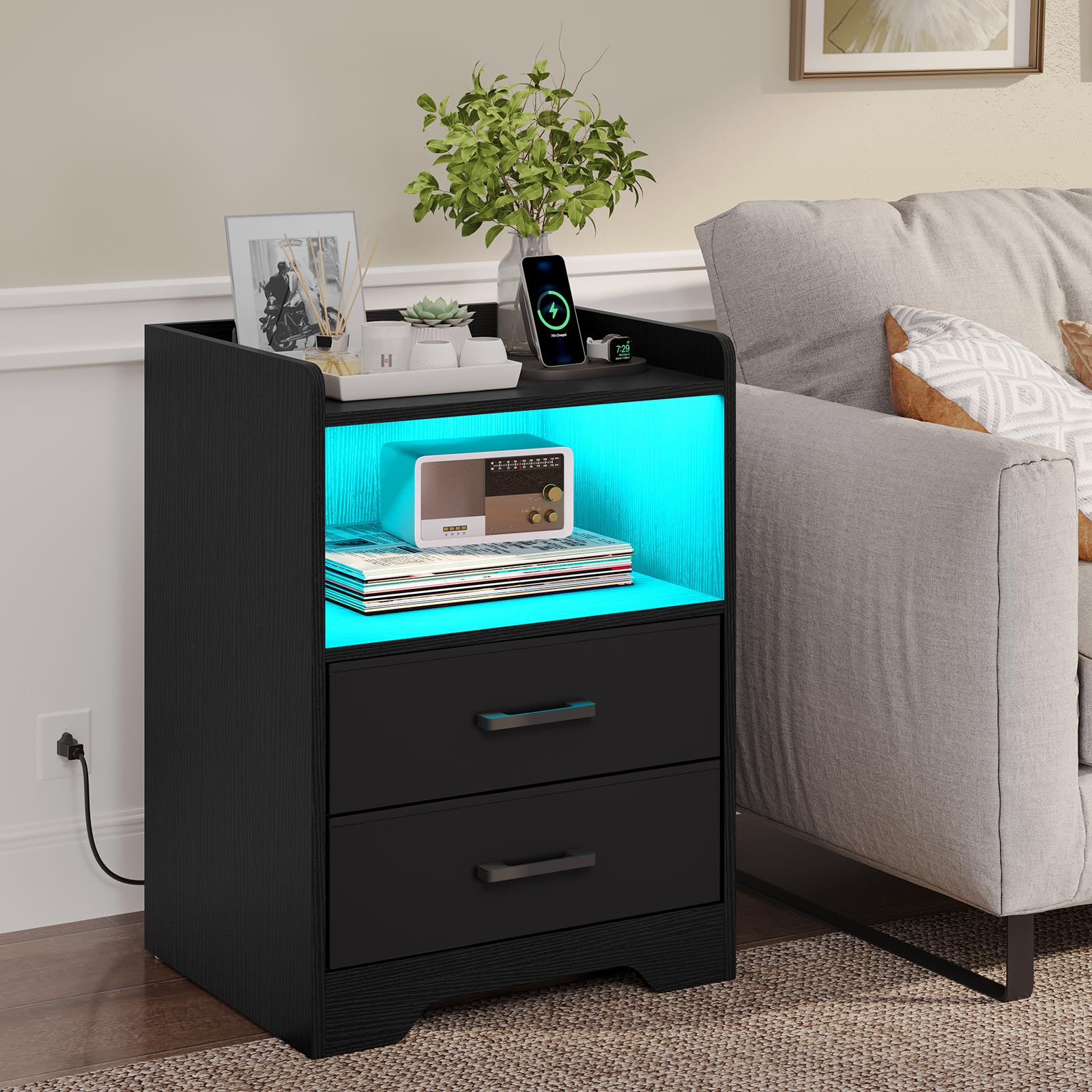 Night Stand Set of 2 with LED Lights and Charging Station