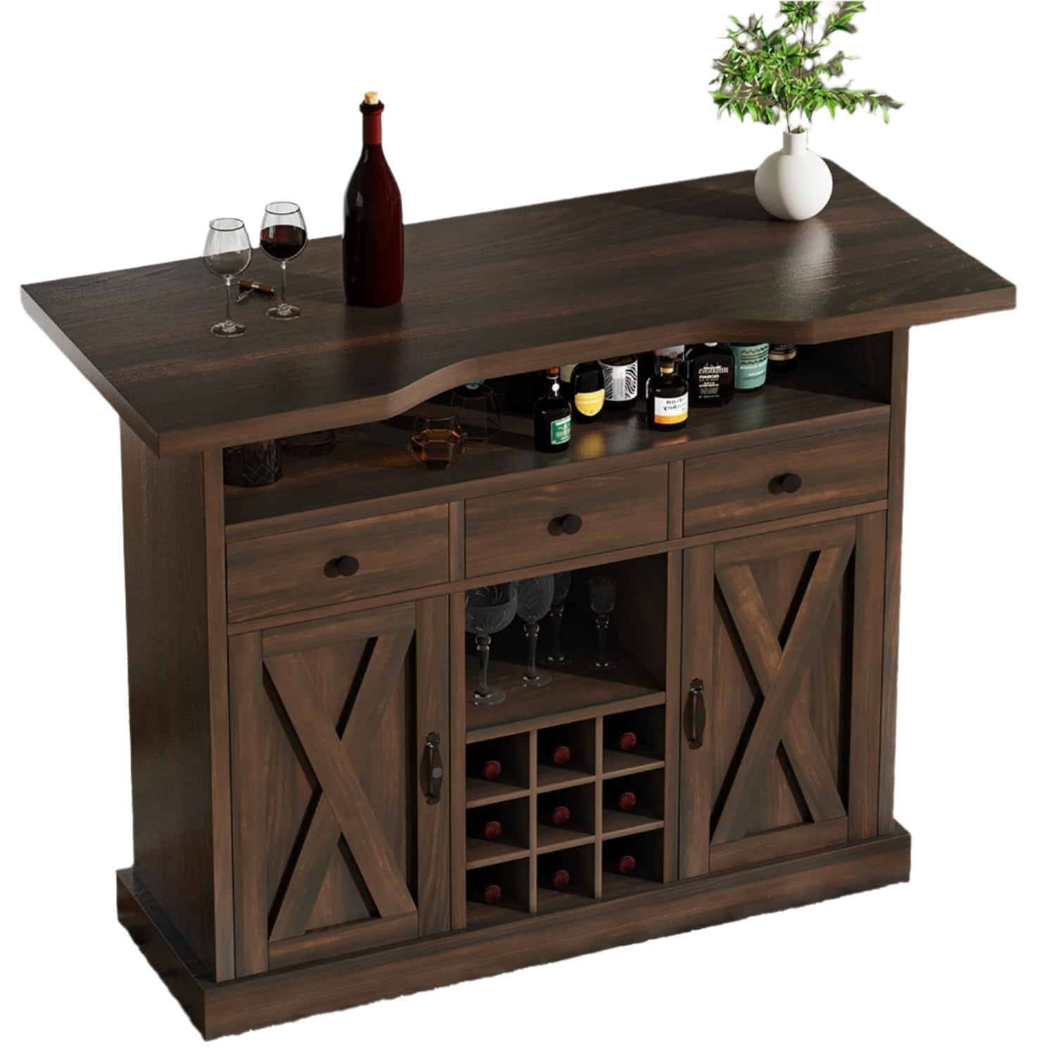 FFarmhouse Home Bar Unit with Foot Rail, Large Bar Table with Foot Rest for Home
