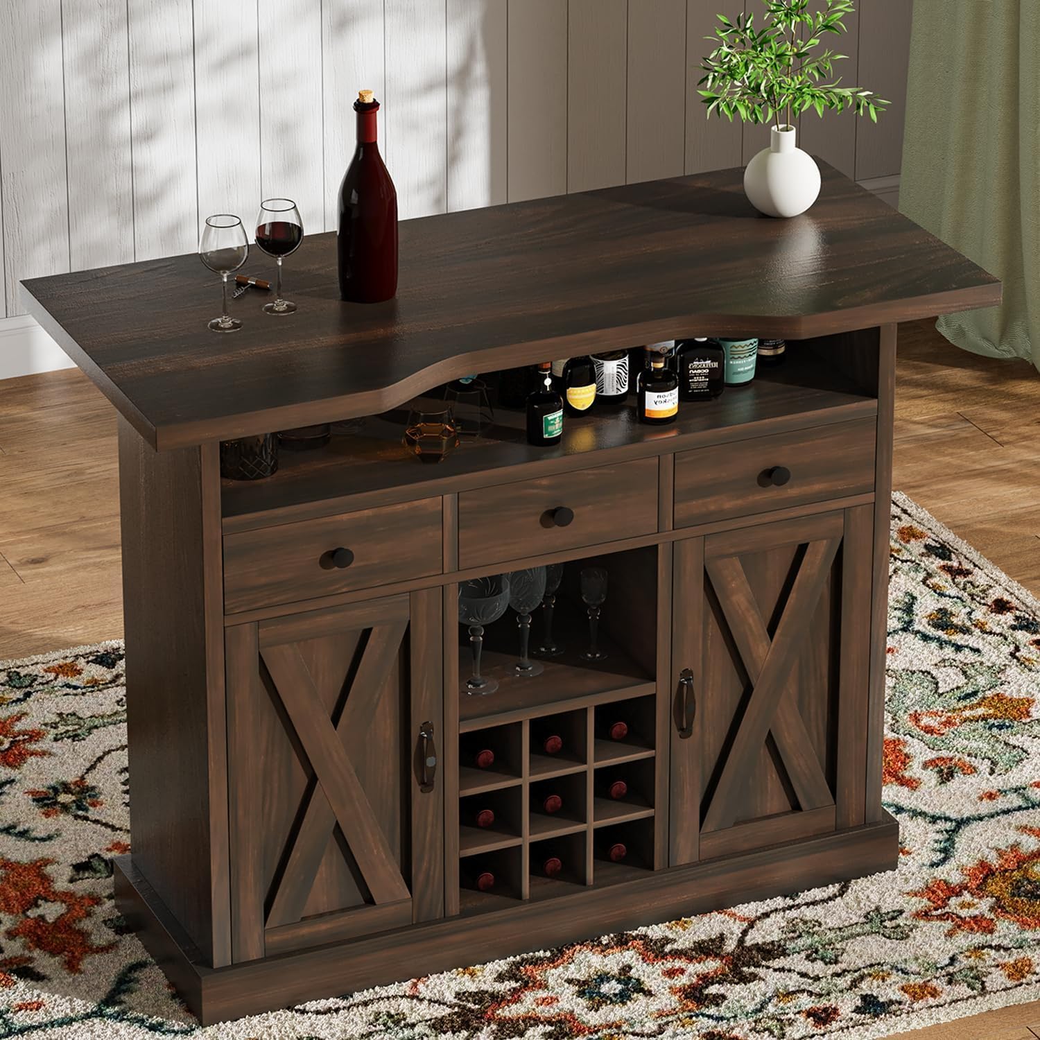 52 Inch Farmhouse Home Bar Unite, 4-Tier Storage Mini Bar Unit