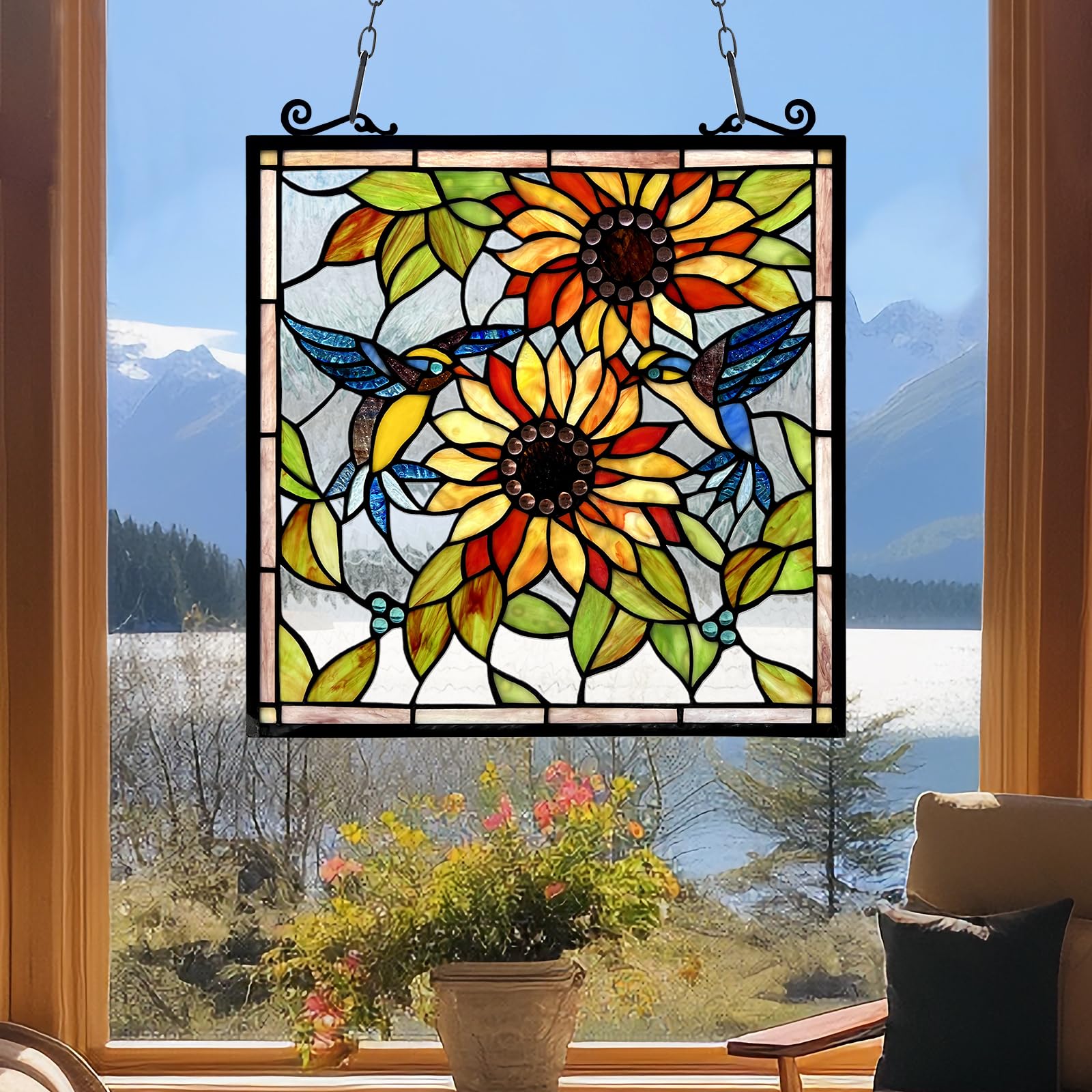 Sunflower and Birds Stained Glass Window Hangings Panels Tiffany Style Traditional