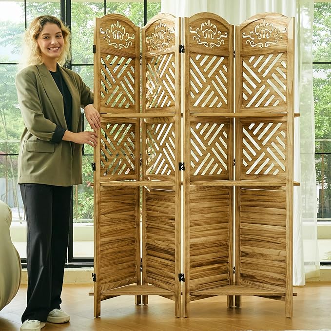 Room Divider with Shelves, 68.9inch Wood Carved and Louvered Wall Divider