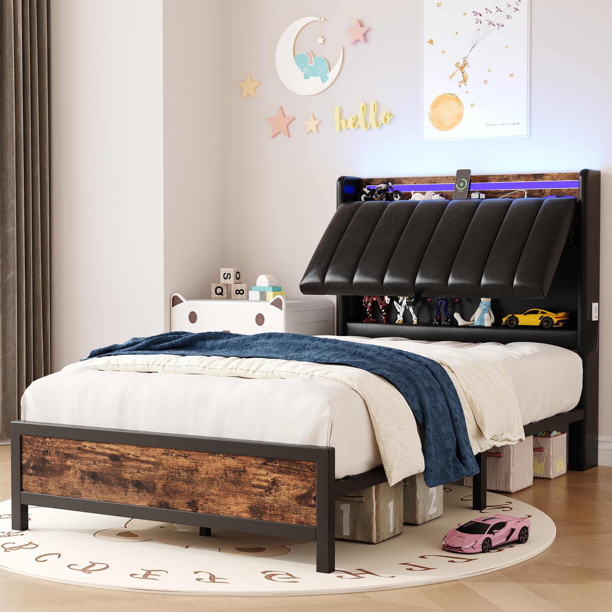 Twin Size Bed Frame with Adjustable Backrest Hidden Storage Headboard