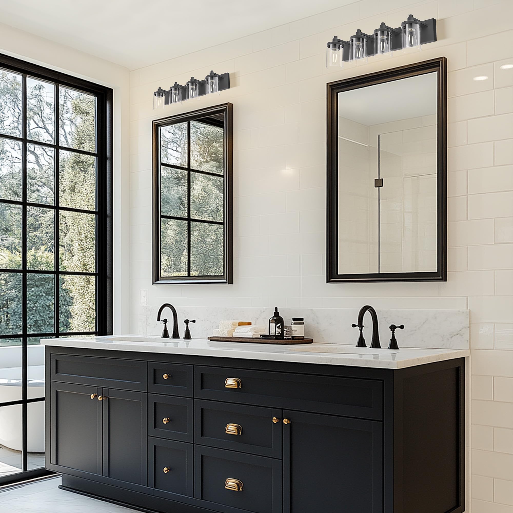 Bathroom Vanity Light, 4 Light Matte Black Light Fixture with Clear Glass Shade
