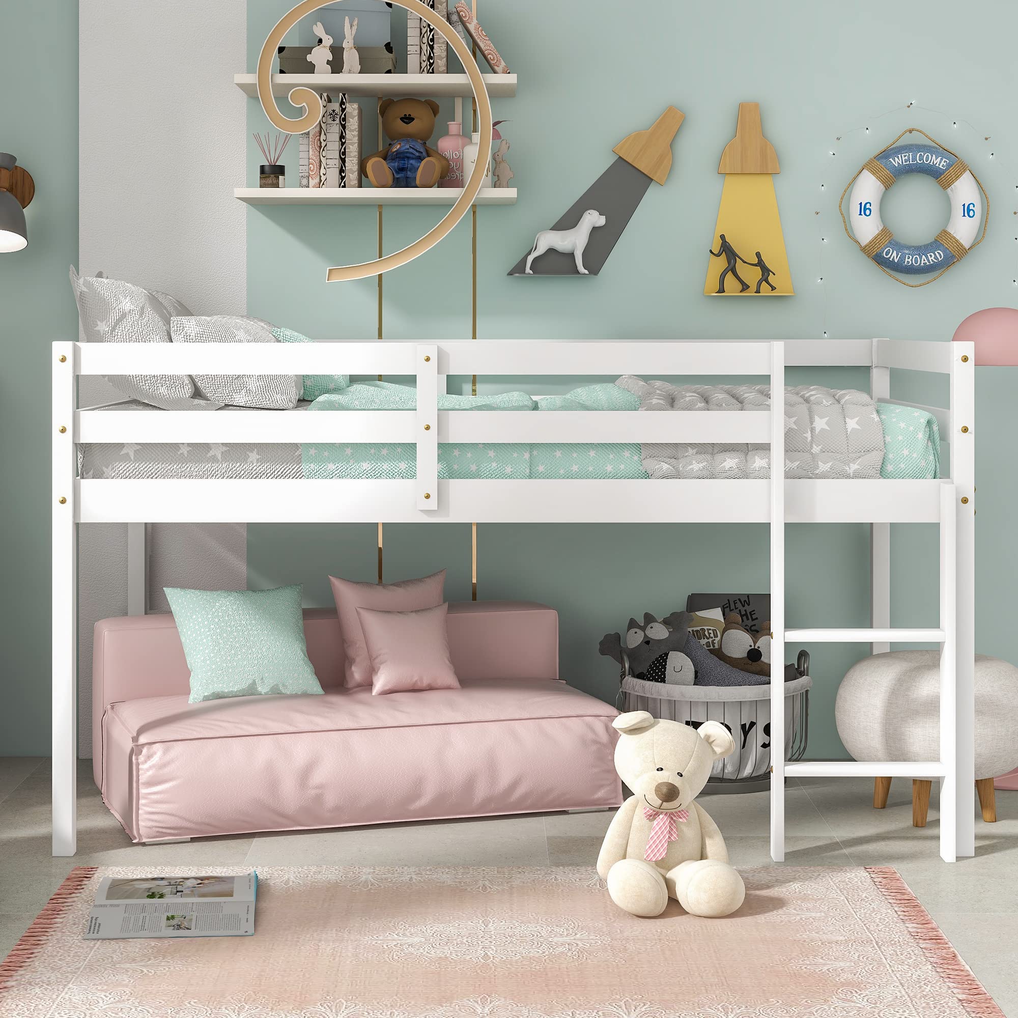 Loft Bed for Kids with Ladders and Guard Rails,Solid Wood and Sturdy Low Loft