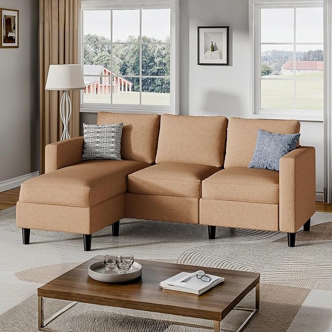 Small Sectional Couch with Ottoman, 3 Seat L Shaped Sofa