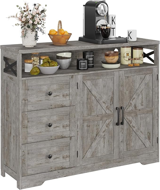 Farmhouse Buffet Cabinet with Drawers & Open Shelf, Sideboard with Storage, Kitchen