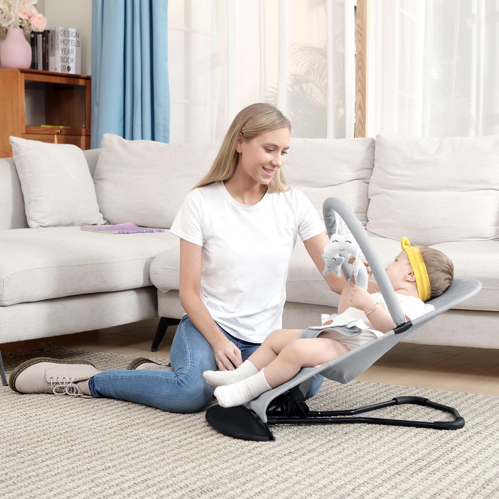 Baby Bouncer, Portable Baby Bouncer Seat for Babies 0-18 Months, 100% Cotton Fabrics