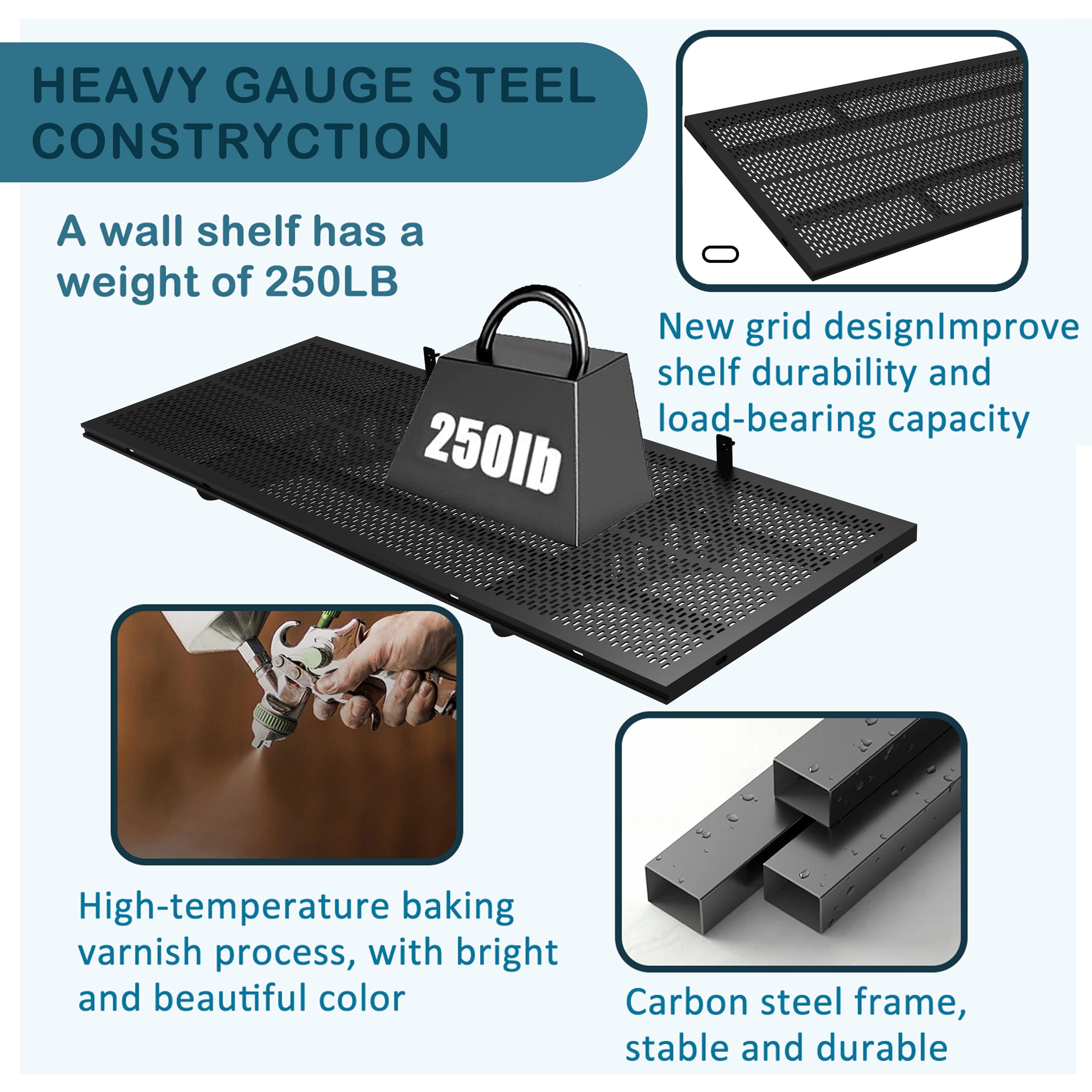 oottmes New 4 Pack Garage Wall Shelving, Heavy Duty 1.5' x 3.8' Wall Mount Storage Shelf with Hooks, Garage Storage Rack Floating Shelves, Holds 250 lbs Each