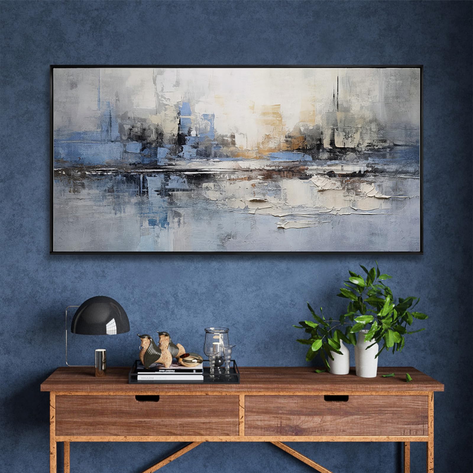 Black Line Canvas Pictures Gray Decorative Painting 29"x58" Wood Wall Art Modern Art Print