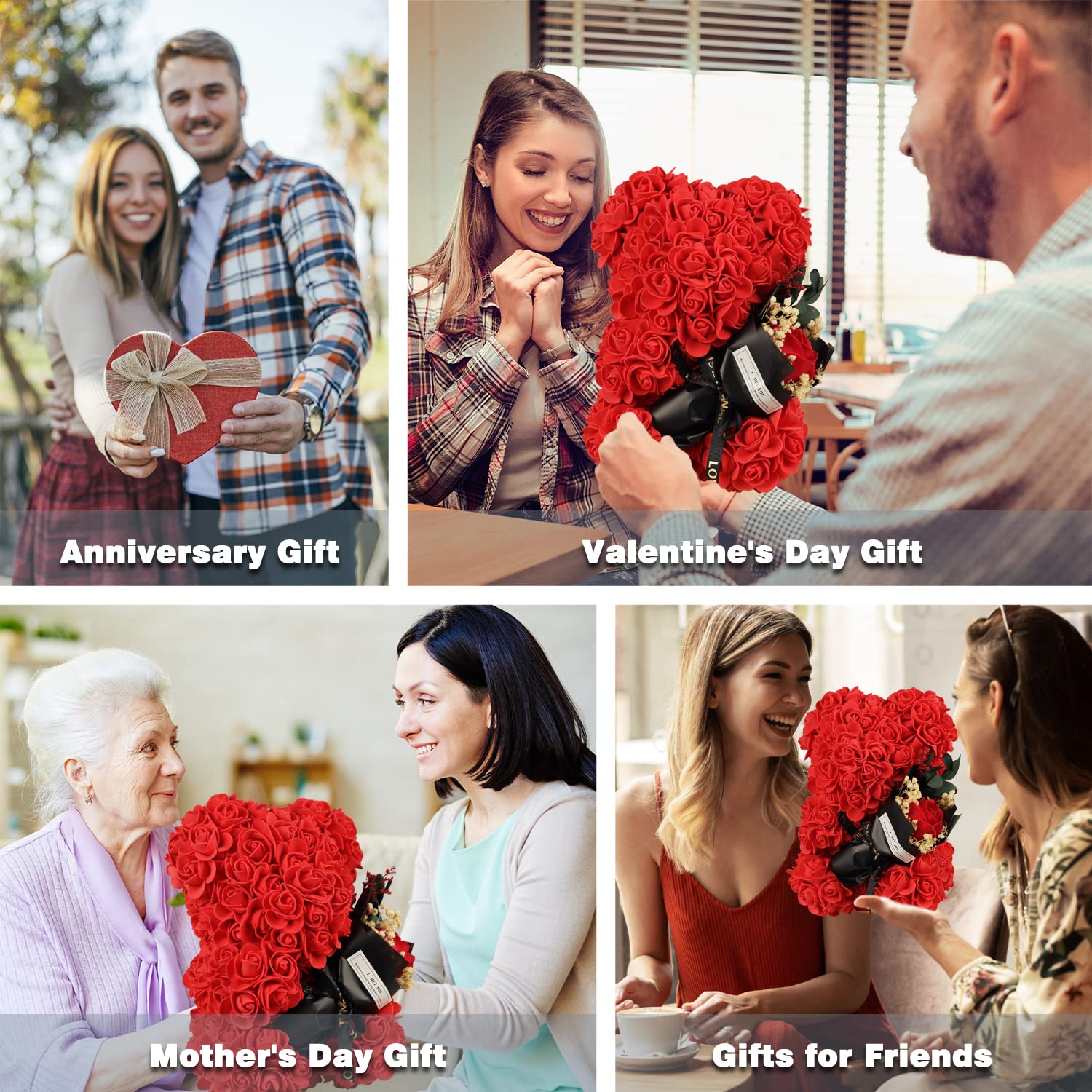 Rose Bear Birthday Gift for Women, Flowers Gifts for Mom Wife Grandma Daughter Friends Sister Her,Artificial Flowers Teddy Bear with Bouquet,Greeting Card,Mother's Day Christmas Valentines