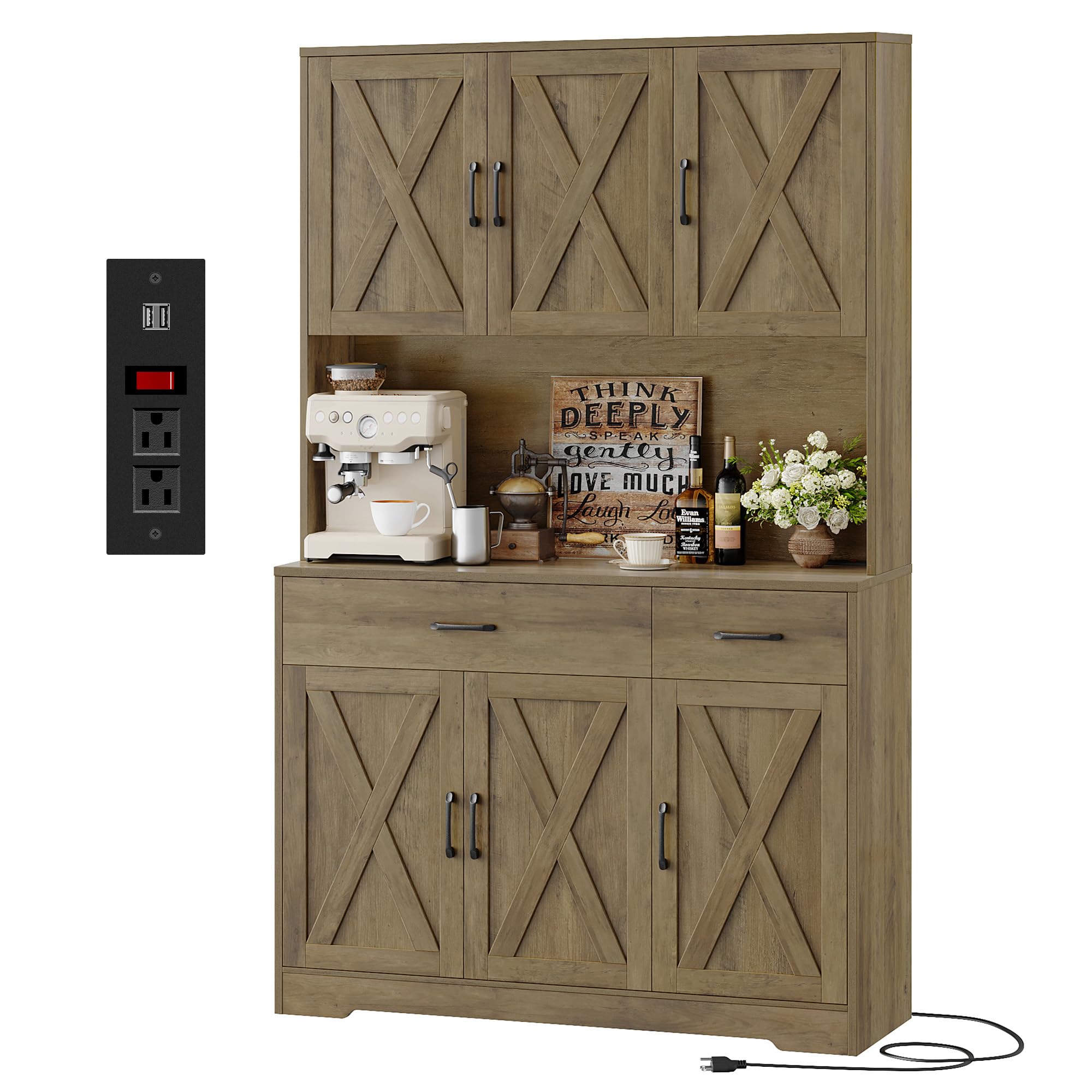 Cabinet with Charging Station, Tall Kitchen Pantry Storage Cabinet with Microwave