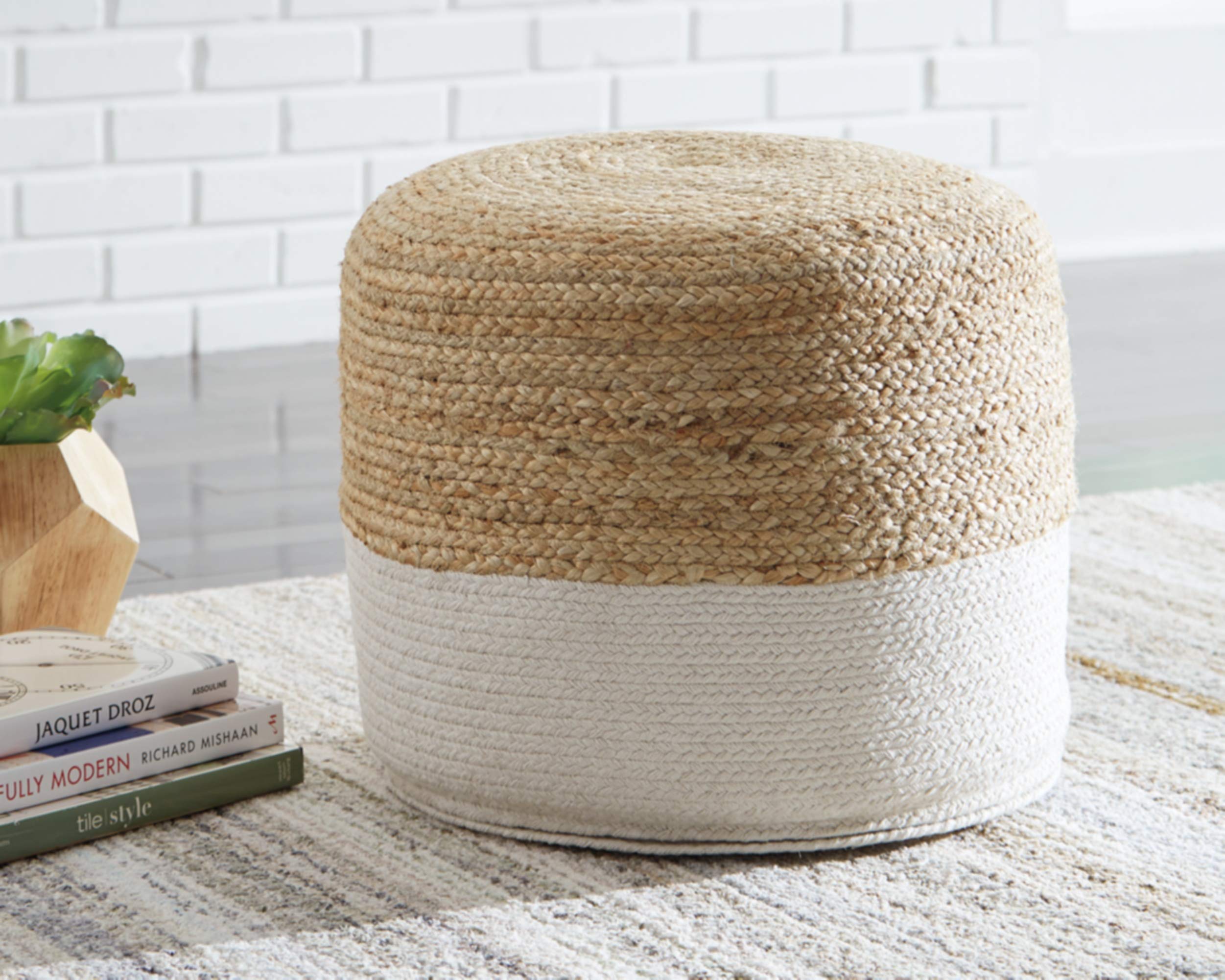 Sweed Valley Jute & Cotton Pouf, 19 x 19 Inches, Beige & White