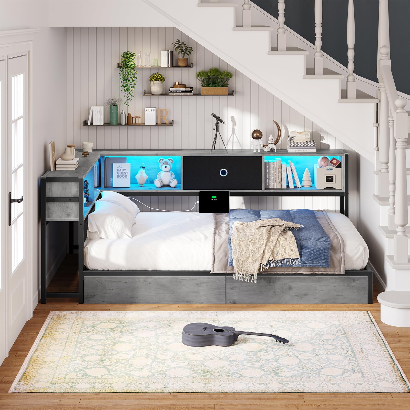 Corner Bed Frame with Storage Bookcase, Twin Daybed with Storage Drawers Underneath