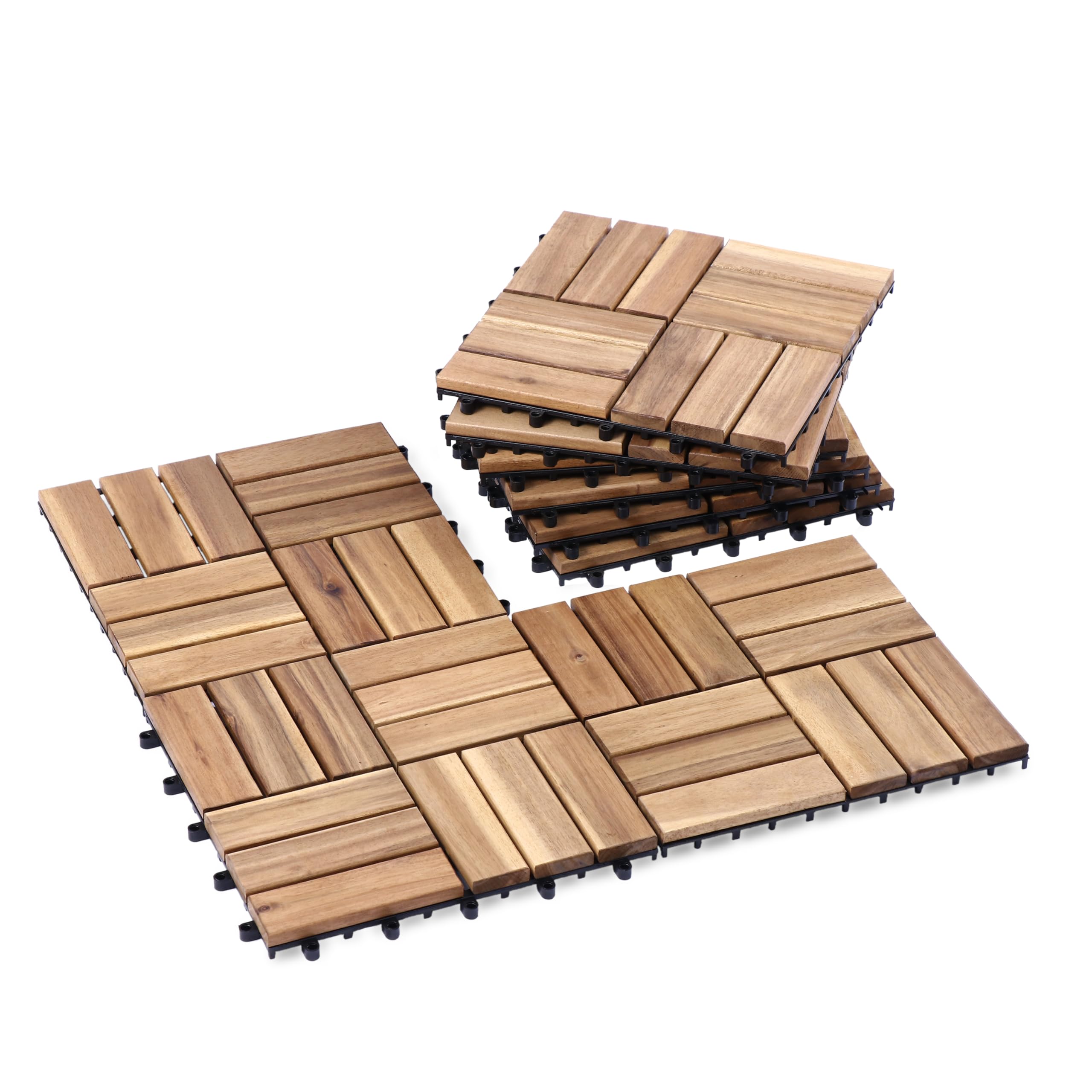 Acacia Wood Flooring Interlocking Deck Tiles for Patio Decor 9 Pcs 12 Slats