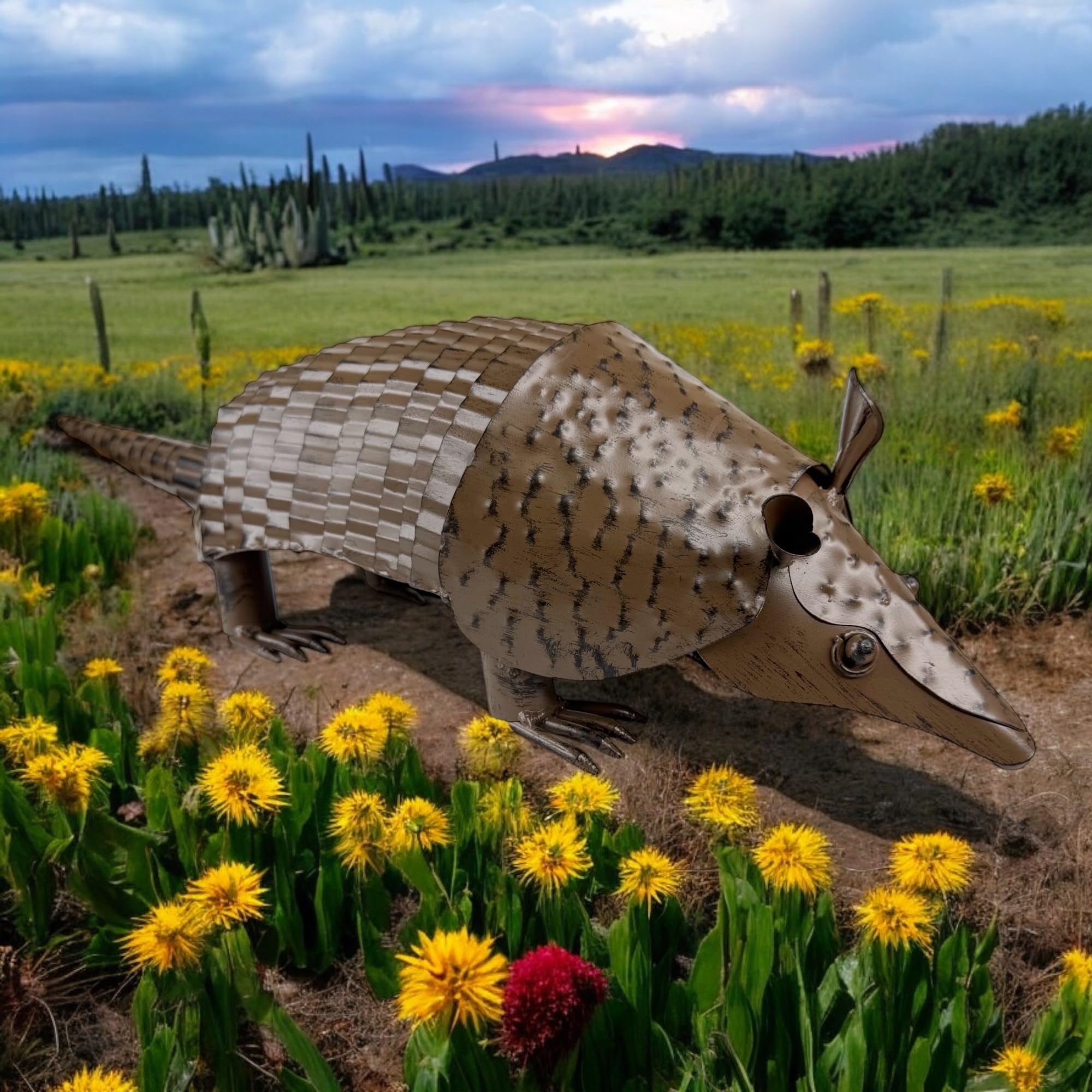 22” Rustic Metal Armadillo Sculpture – Large Textured Welded Iron with Springy