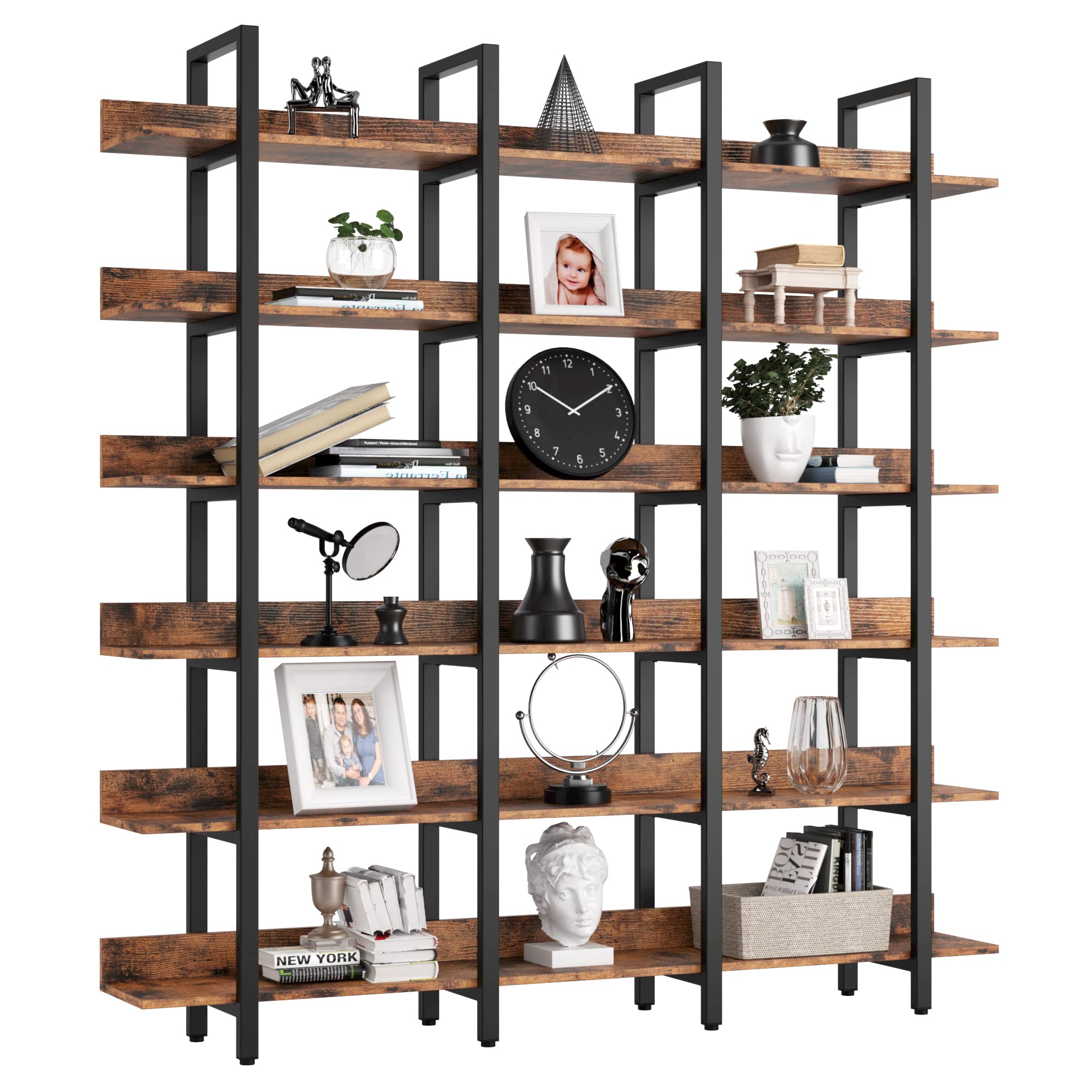 Bookcase and Bookshelves Triple Wide 6 Tiers Large Open Shelves