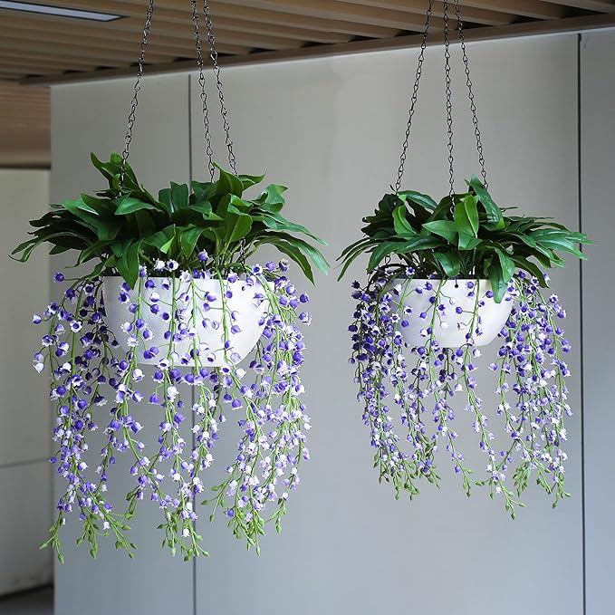 2-Pack Artificial Hanging Lily of The Valley - Pink Faux Flowers UV Resistant Fake Plants