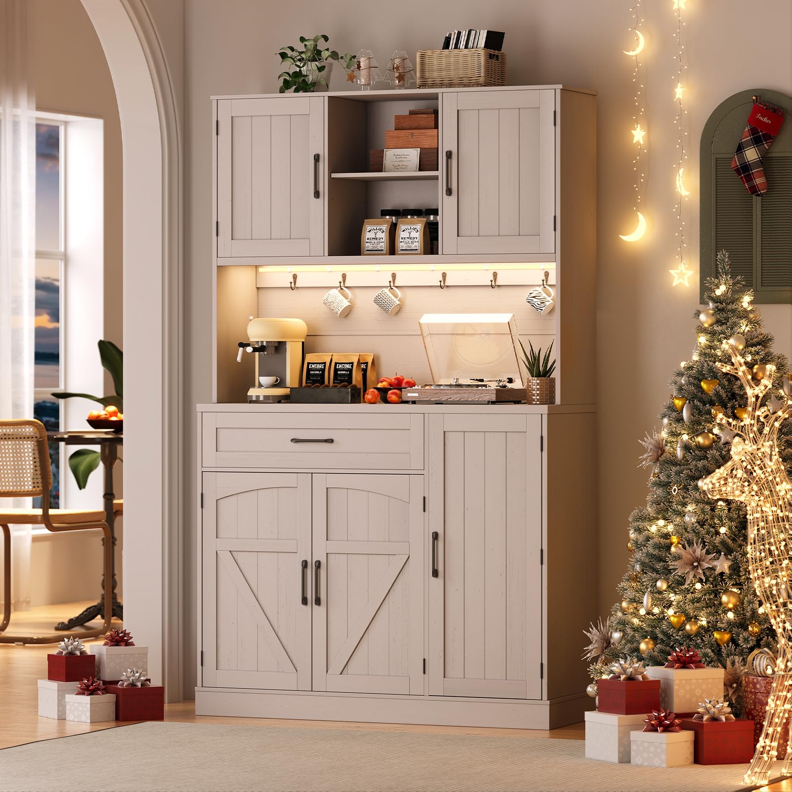 71" Pantry Cabinet, Kitchen Pantry Storage Cabinet with LED Light & Outlet, Kitchen Hutch