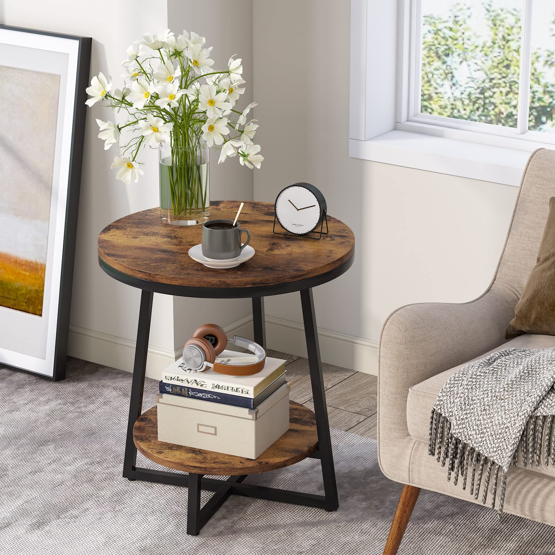 End Table, 2 Tier Round Side Table with Storage Shelf