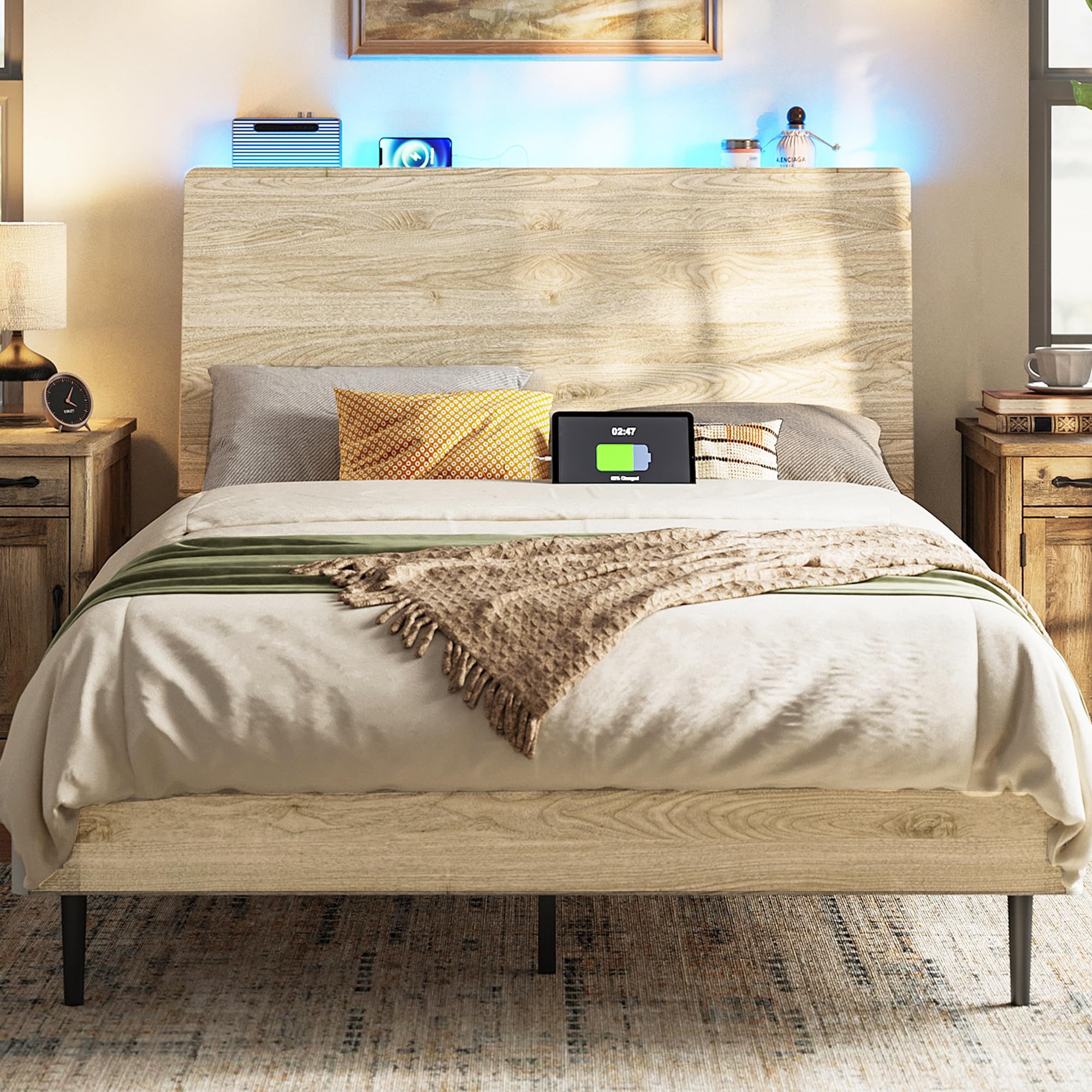 Wood Bed Frame, Full Bed Frame with Headboard LED, Wooden Platform Frames