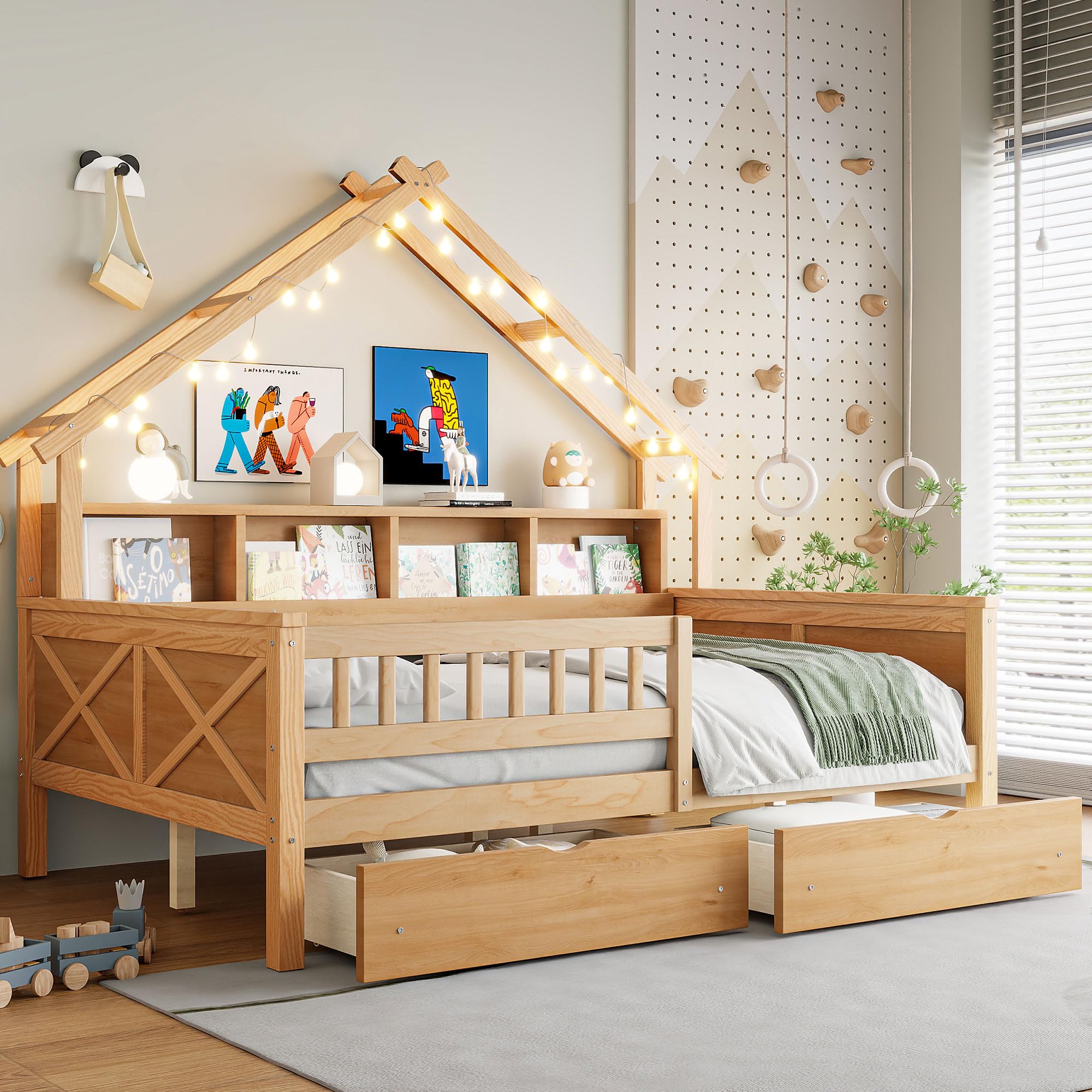 Full Size House Bed with LED Lights and Drawers Wood House Platform Beds