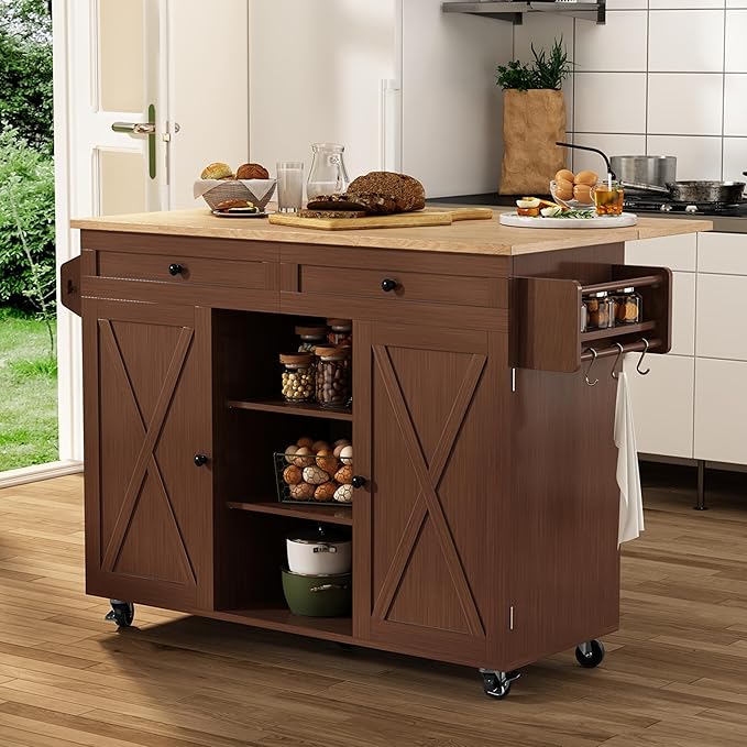 Dark Green Rolling Kitchen Islands Cart with Drop Leaf Countertop, Barn Door Kitchen