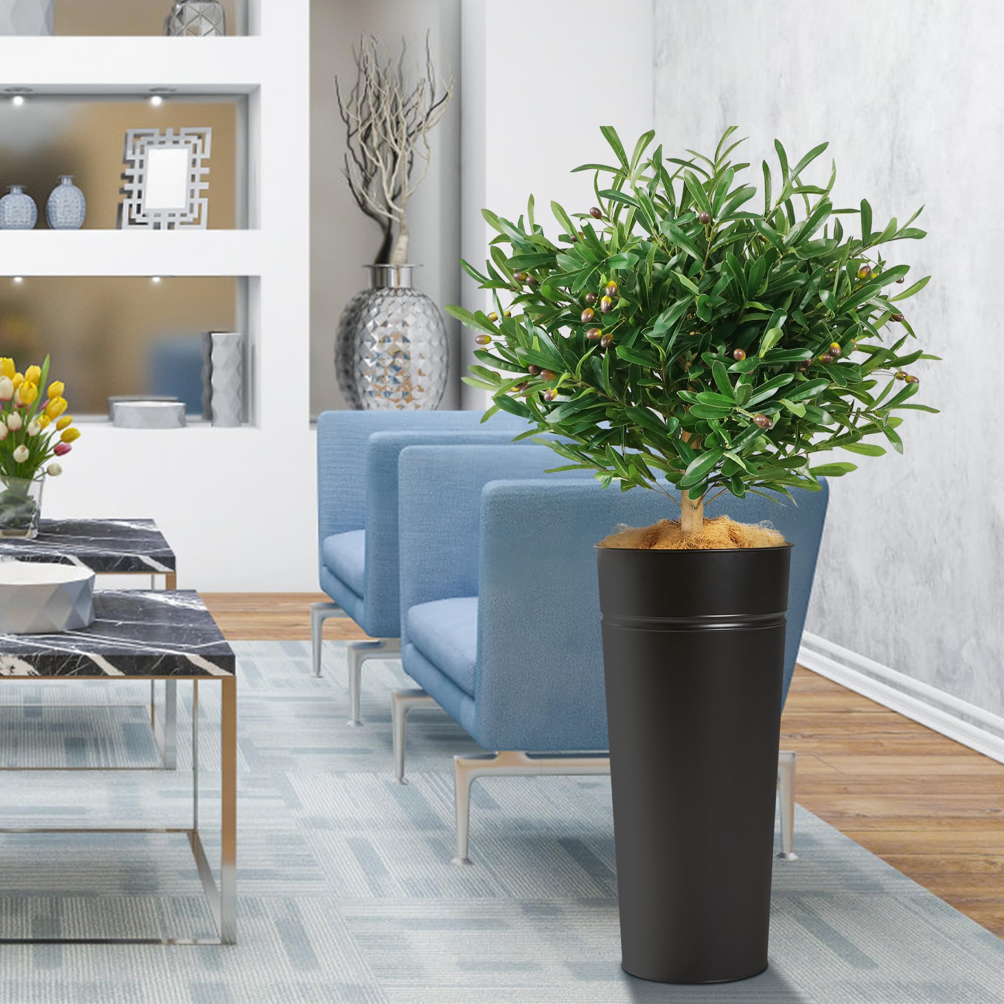 28" Black Metal Planter Combo Set with Artificial Olive Tree & Fiddle Leaf Fig Tree