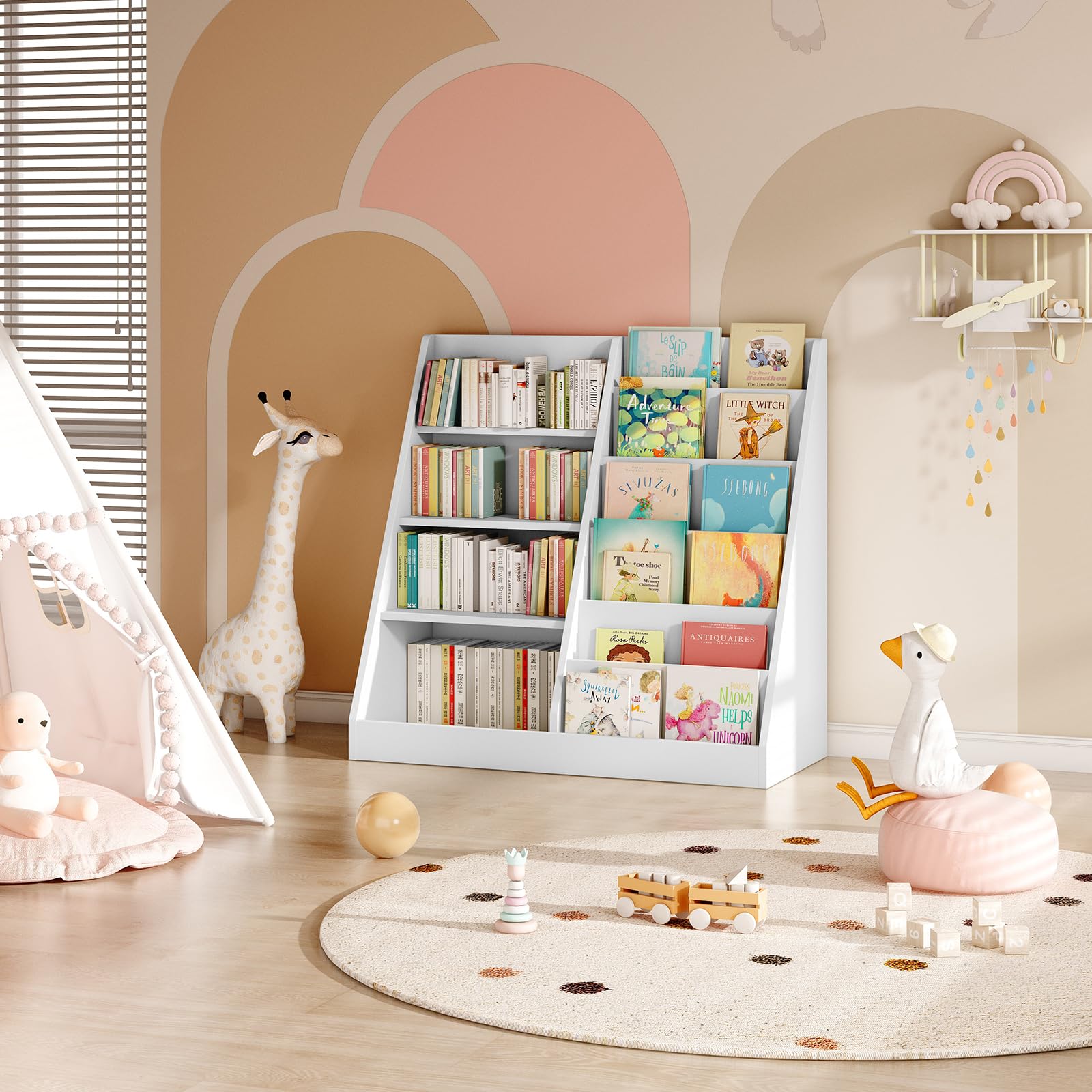 Wooden Bookshelf and Toy Storage, Children Toy Organizer with Book Shelves