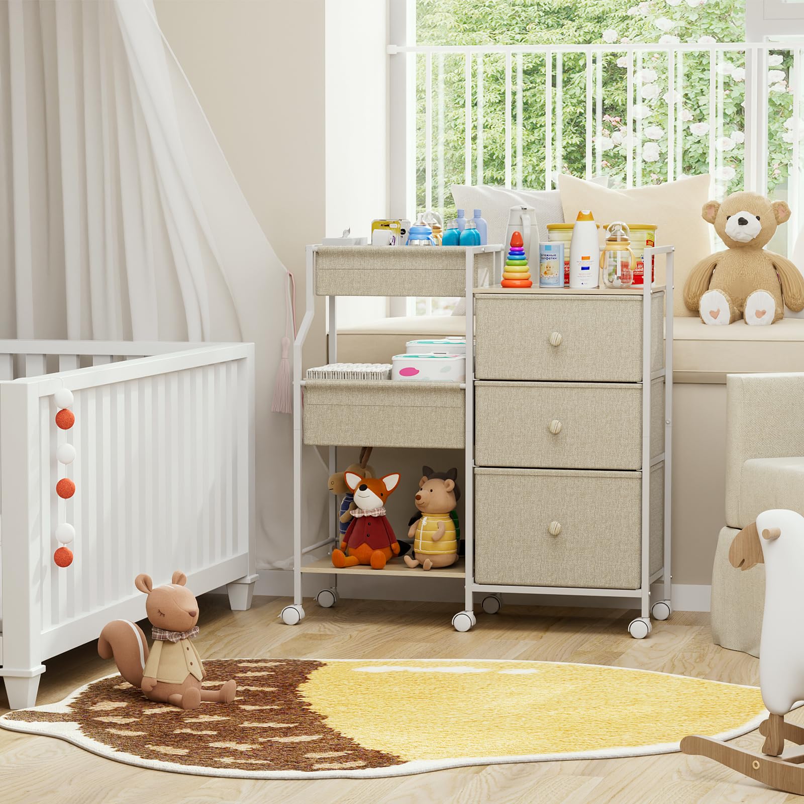 Baby Organizer and Storage - 3 Tier Rolling Cart with Dividers and Drawers