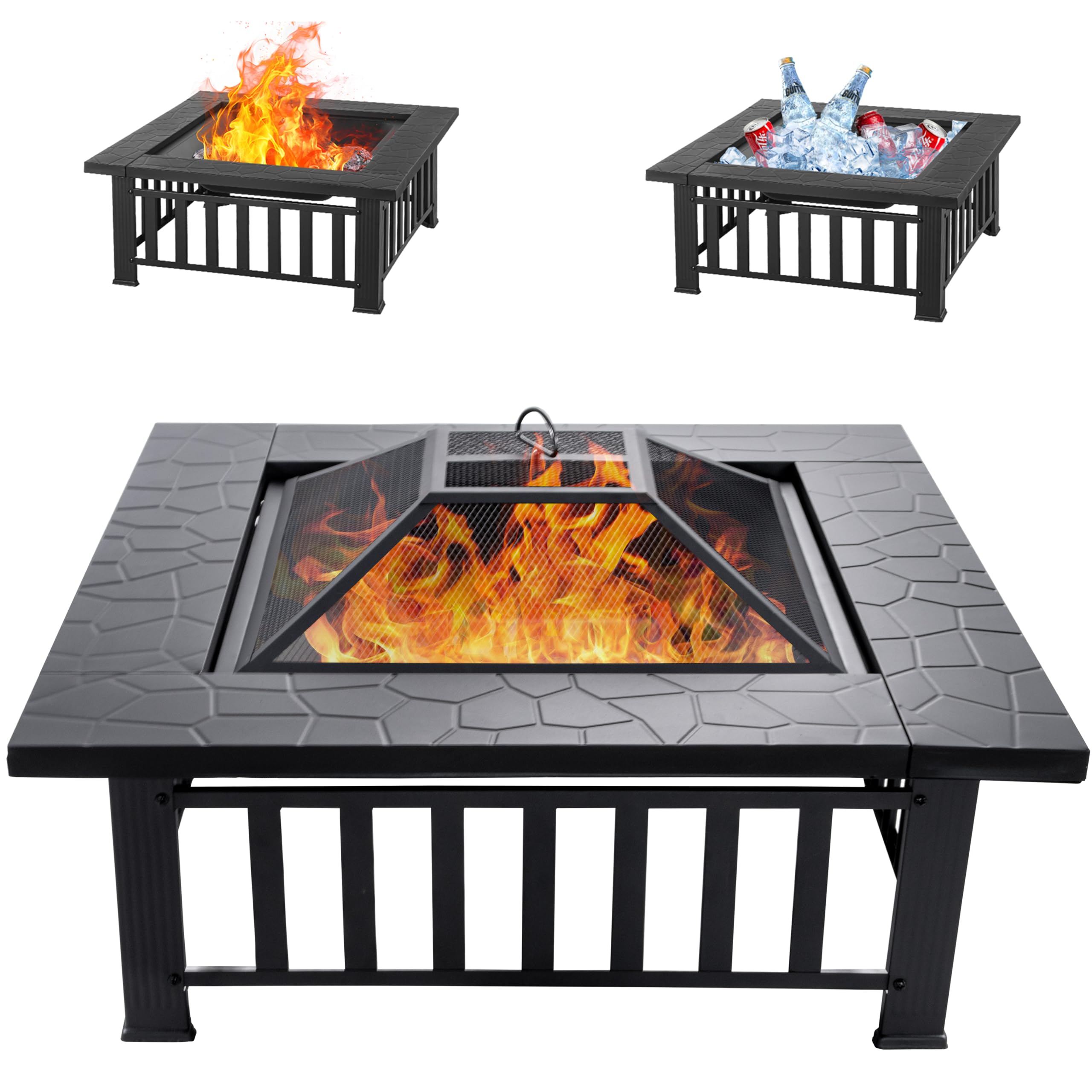 Square Outdoor Fire Pit Table with Spark Screen & Fire Poker, 3-in-1 Multipurpose