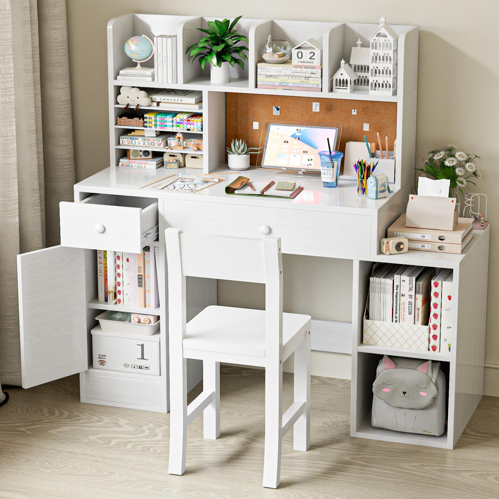 Kids Desk and Chair Set, Kids Study Desk with 2 Draws & 4 Cabinet, Kids Study