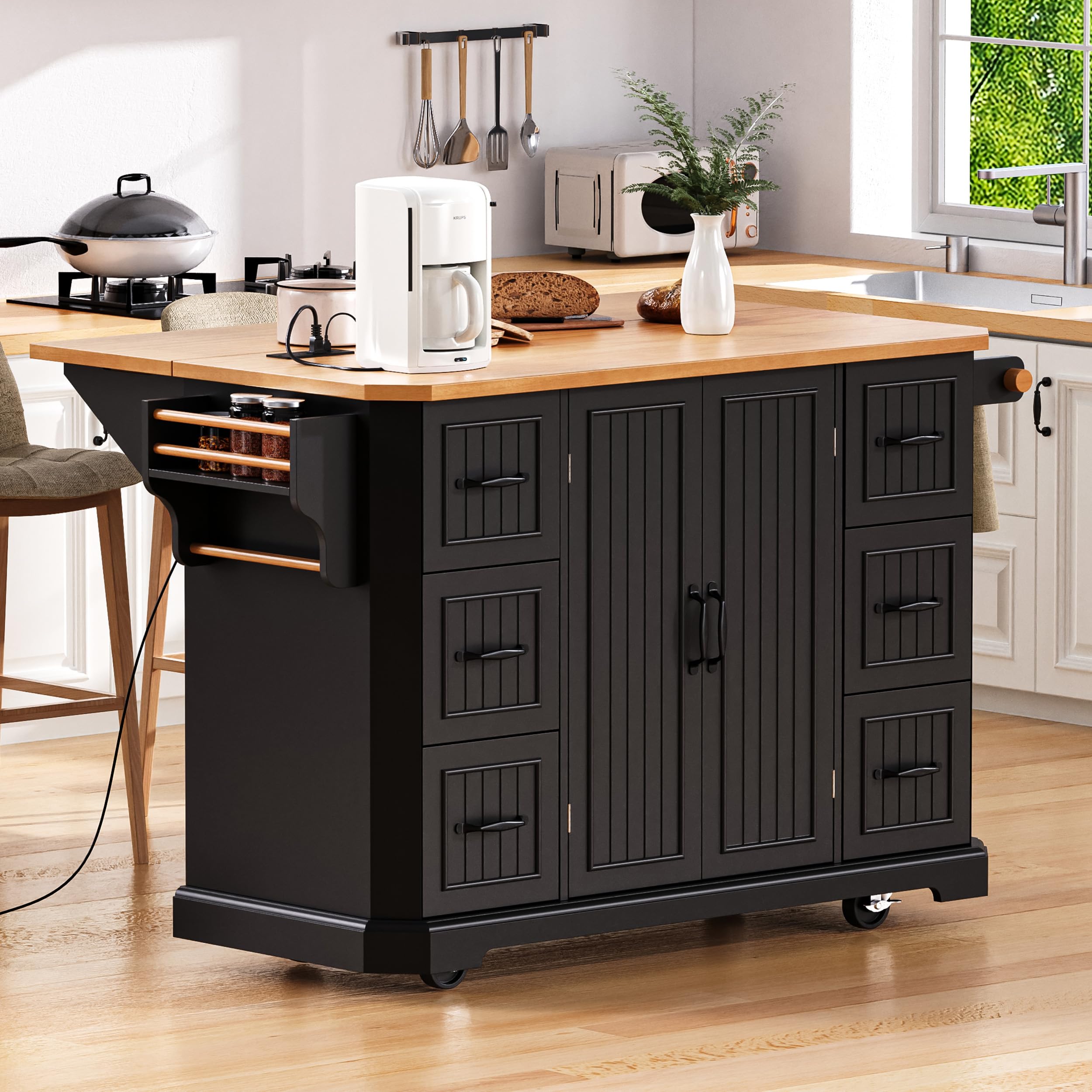 Farmhouse Kitchen Island with Drop Leaf & Power Outlet,56" Folding Kitchen Table with 6 Drawers and 4 Shelves,Rolling Kitchen Cart with Beveled Edges,Dining Island Table with Towel Rack (Black-2)